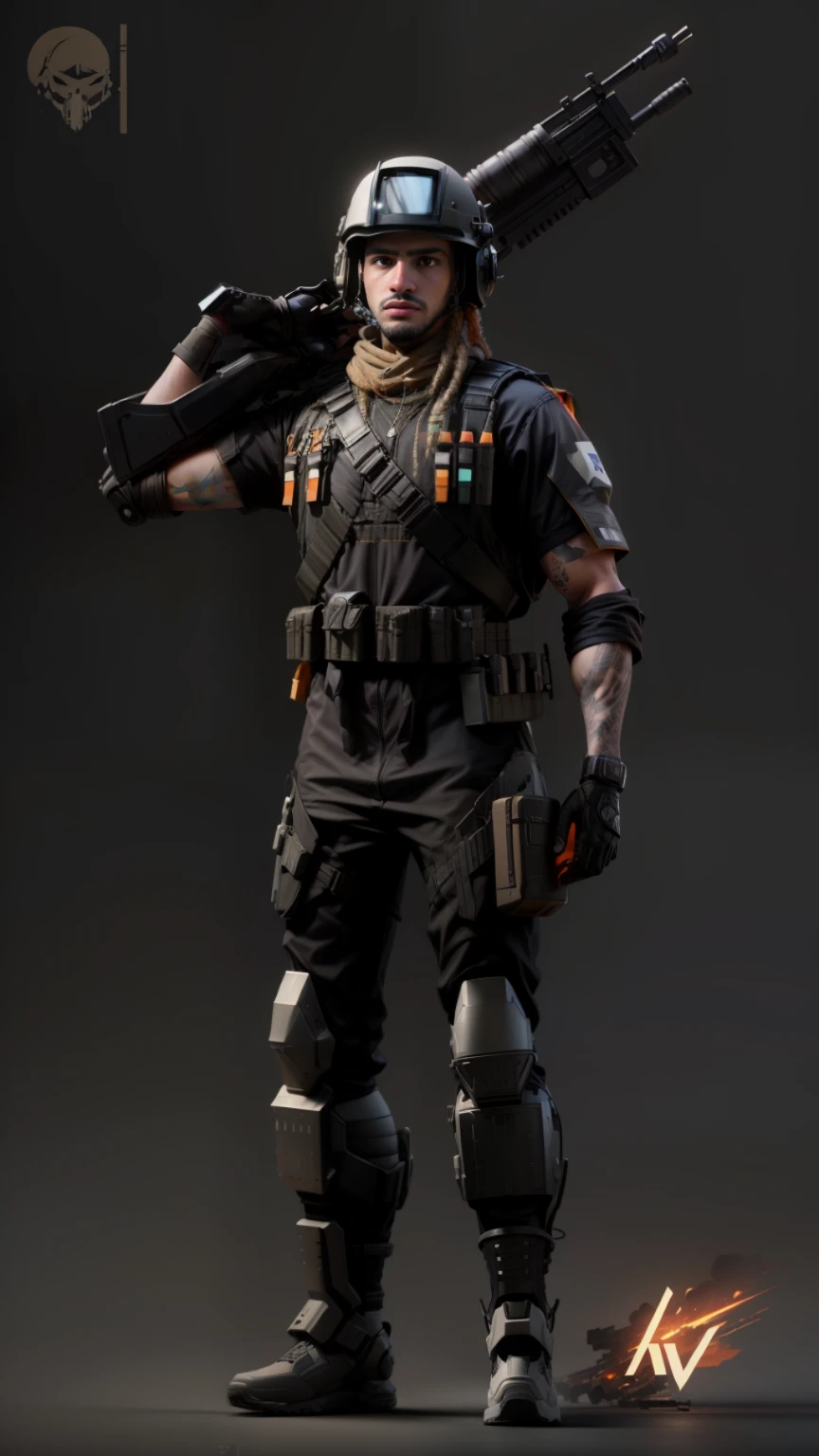 clean,minimalist,vector art,close of 1rapper with tattoos,gold teeth,gradient pastel dreads hair,white techwear clothes,tatical clothes(orange,white),strong stroke around image,papercute background with simple abstract designs, A close-up of a soldier with a rifle and a helmet, realistic soldiers, realistic military gear, in-game capture 3d render, expert high-detail concept art, full body shot hyperdetailed, high-detail character models, concept art like Ernest Khalimov, realistic armor, cinematic full character, black armored uniform, soldier, unreal engine character art, sci-fi soldier,