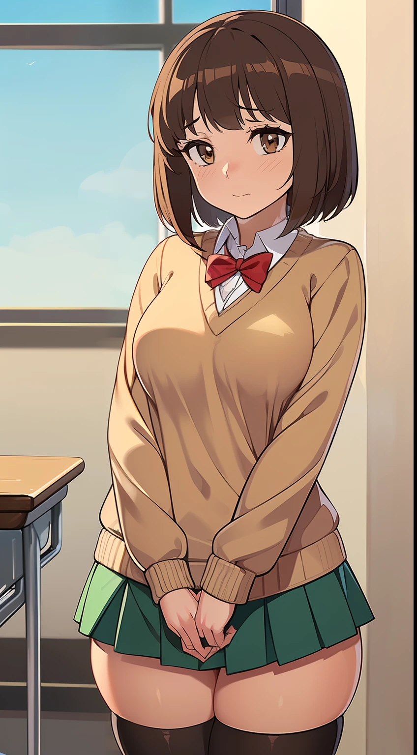 ((((kipteitei art)))), ((highres)),Masterpiece, high quality, best quality, beautiful, perfect lighting, detailed face, ultra cute face, ((1girl)), ((solo), brown hair, bob cut, bangs, ((fluffy hair)), brown eyes, nervous look, shy, blush, ((school uniform)), ((tan Blaser sweater)), thigh highs, green skirt, classroom, ((small breasts)), perky breasts, wide hips, thick thighs, 19 year old girl,