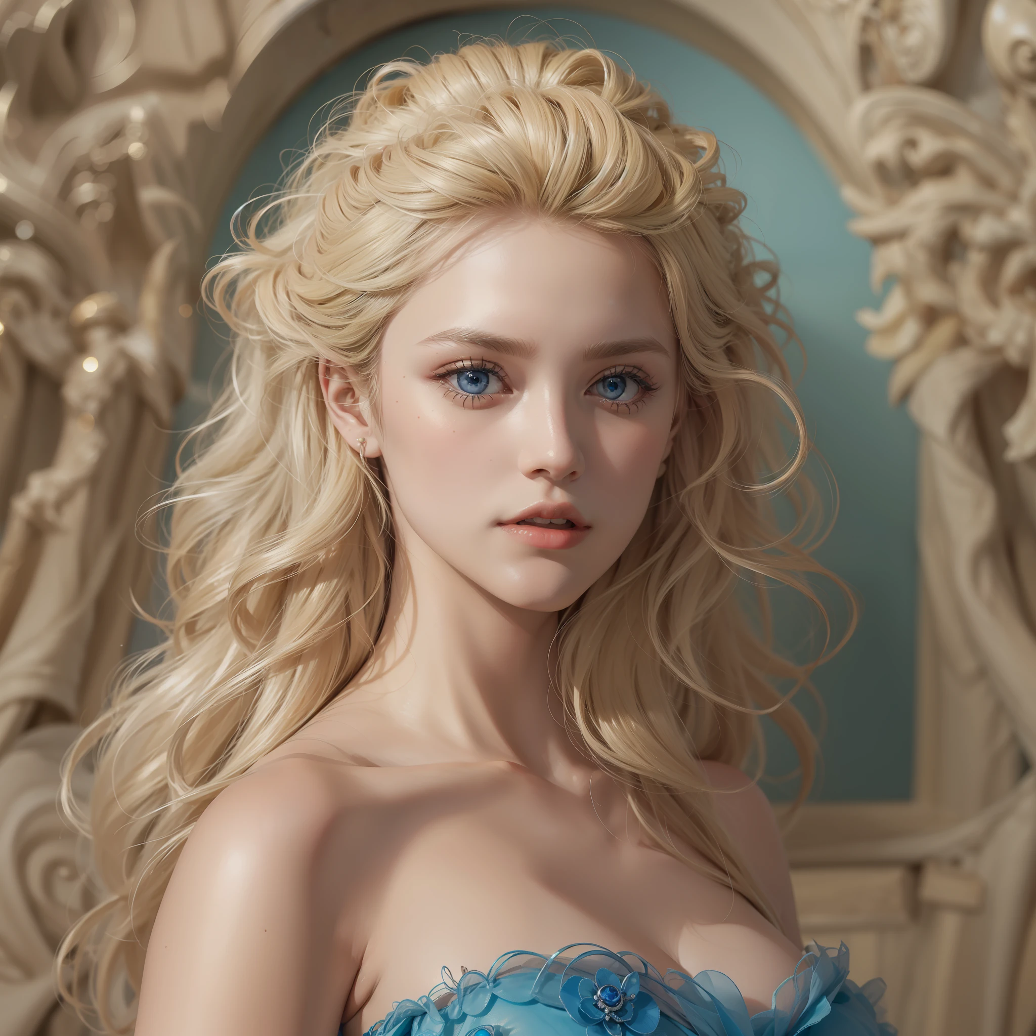 "(((obra-prima))), melhor qualidade, ultra-detallhado, High resolution CG image with a beautiful blonde woman with bright blue eyes, retratados em detalhes fascinantes. His delicate body is accurately represented at every angle. Ela possui longos cabelos loiros que caem suavemente sobre seu vestido da era vitoriana. The upper part of his body is sculpted to perfection. "