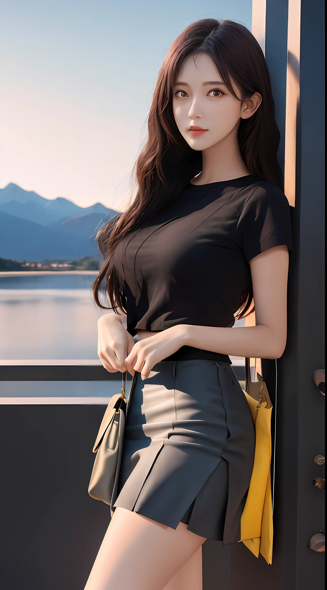 best qualtiy, tmasterpiece, 1girll, beauitful face, (photograph realistic:1.3), edge lit, (highdetailskin:1.2), 8K, Ultra HD, , high high quality, A high resolution, 4K, 8K, Bokeh, absurderes, Optimal proportions of four fingers and one thumb, (realisticlying:1.3), Cute 1girl, mediuml breasts, short skirt,short- sleeved,(Background with:above the mountains)