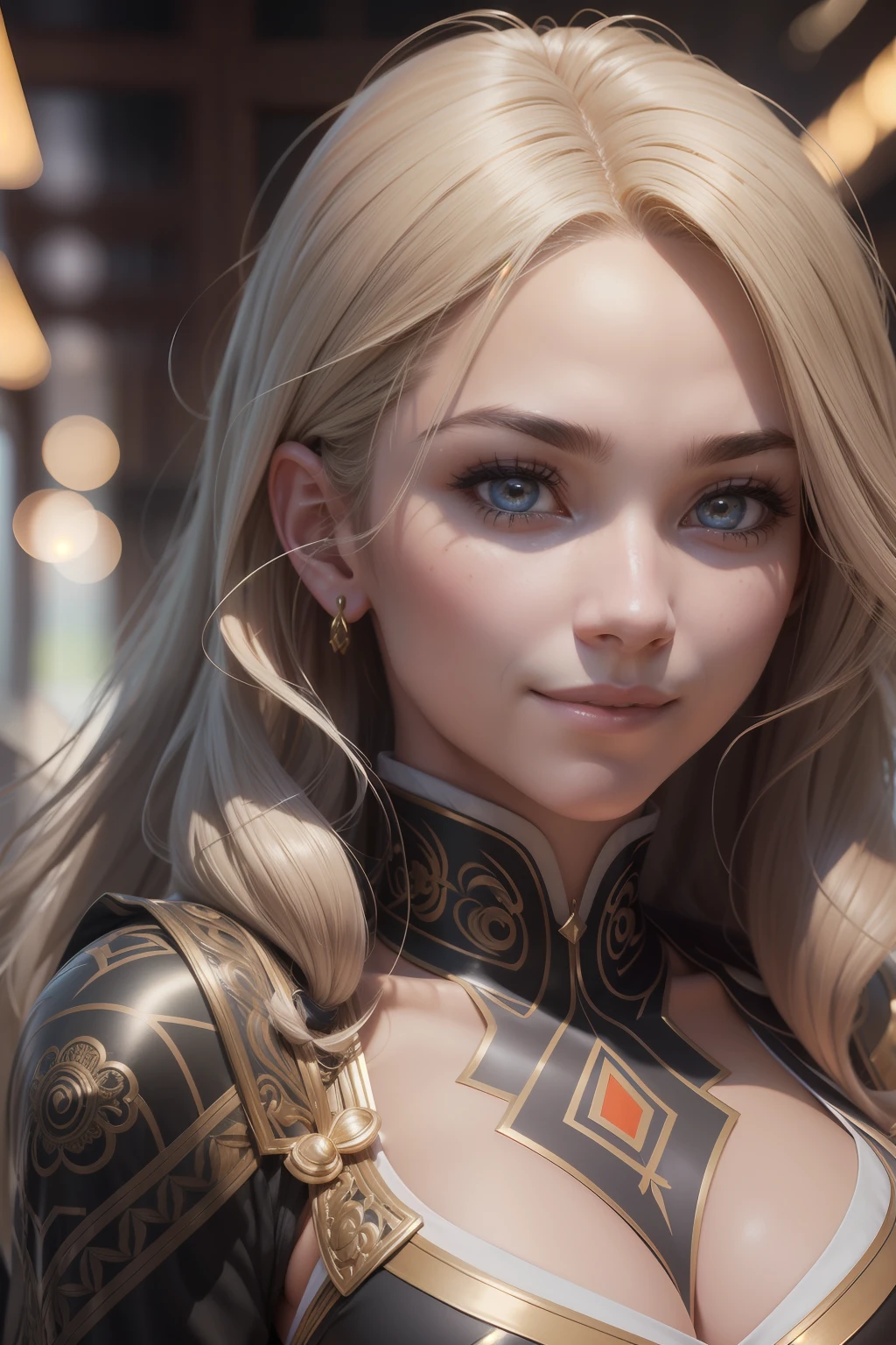muscular body girl, flowing hair, wearing an oversized dress, big bust, locks eyes into the camera, symmetrical eyes, symmetrical face, alluring smile, photorealistic, path tracing, specular lighting, volumetric face light, path traced hair, visible shadows, intricate, elaborate