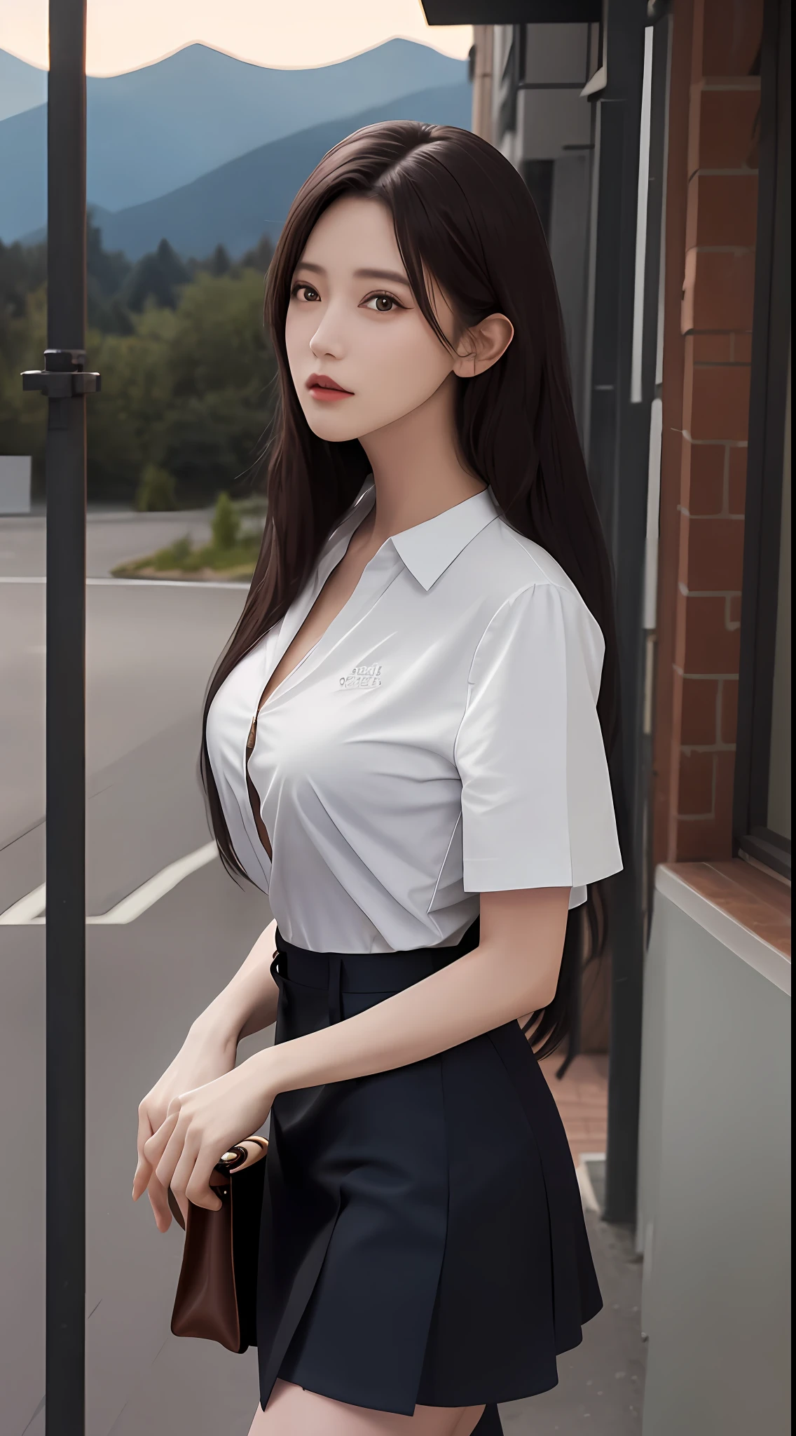 best qualtiy, tmasterpiece, 1girll, beauitful face, (photograph realistic:1.3), edge lit, (highdetailskin:1.2), 8K, Ultra HD, , high high quality, A high resolution, 4K, 8K, Bokeh, absurderes, Optimal proportions of four fingers and one thumb, (realisticlying:1.3), Cute 1girl, mediuml breasts, short skirt,short- sleeved,(Background with:above the mountains)