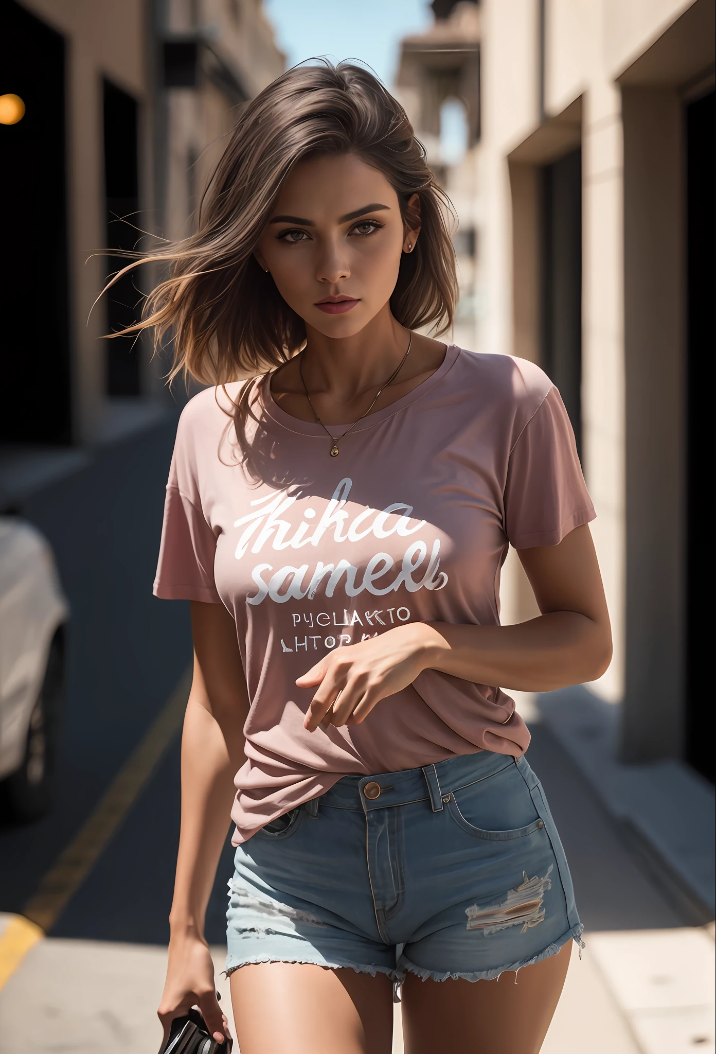 ((linda mulher de pele clara)), (cabelo (((liso))) stuck in the braid), ((magro, pequeno)), em traje basico ((Camiseta (Camiseta) camiseta inteira lisa)) (shorts apertado) (coxas a mostra) (( frontal)) fotografiarrealista, fotografia, obra-prima, realista, Realismo, renderizado, Alto contraste, digital art photographyrealistic trend in Artstation 8k HD high definition detailed realistic, detalhado, textura da pele, hiper detalhado, Textura realista da pele, armadura, melhor qualidade, ultra high-resolution, (fotografiarrealista: 1.4), alta resolução, detalhado, fotografia crua, sharp re, by Lee Jeffries Nikon D850 Film Stock Photography 4 Kodak Portra 400 Camera Lens F1.6 rich colors realistic texture hyper realistic dramatic lighting unrealengine trending on artstation cinestill 800, .....RAW