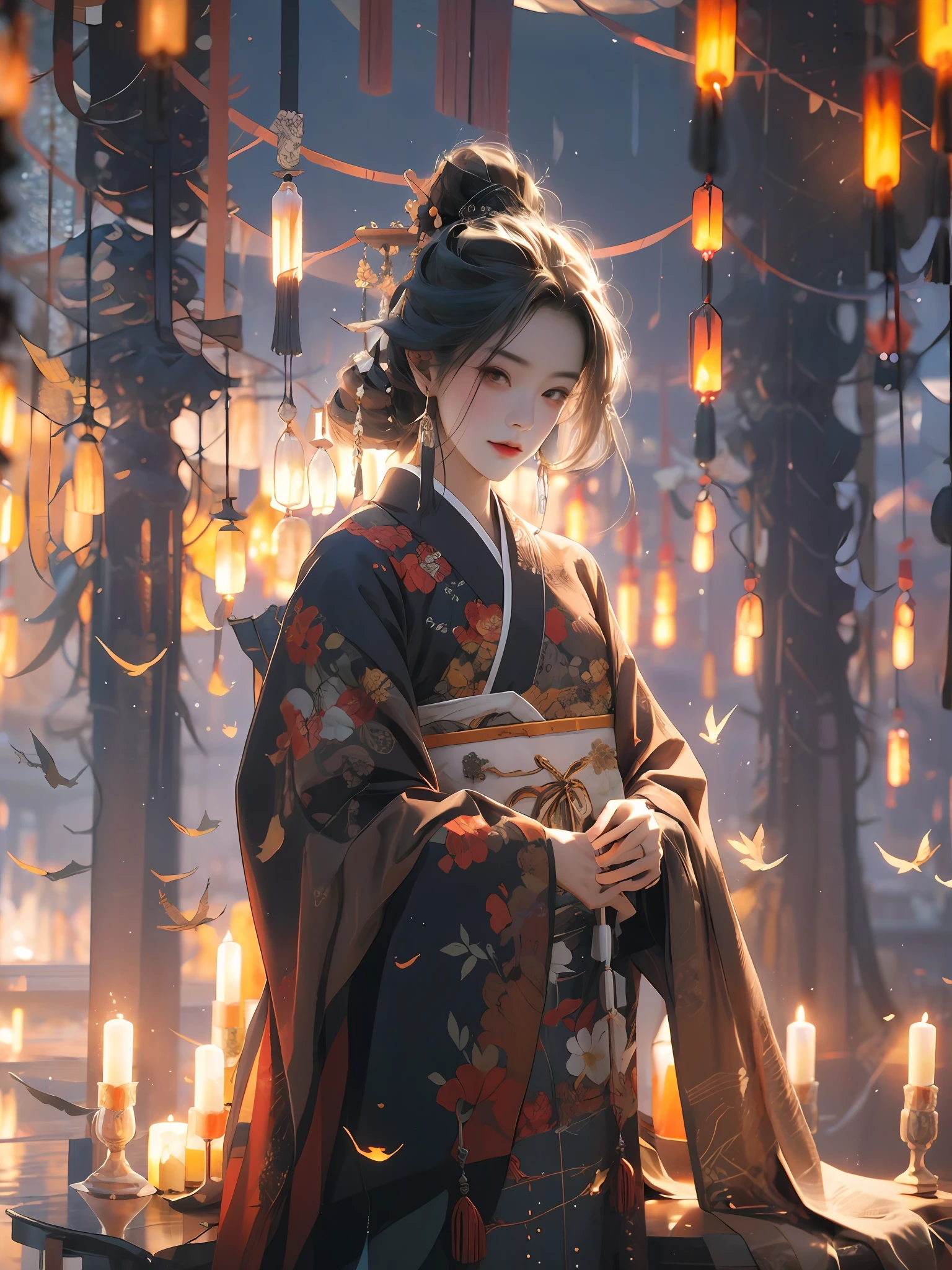 waxy candles,the night,rays of moonlight,Hazy,White Hanfu,Raised sexy,zither