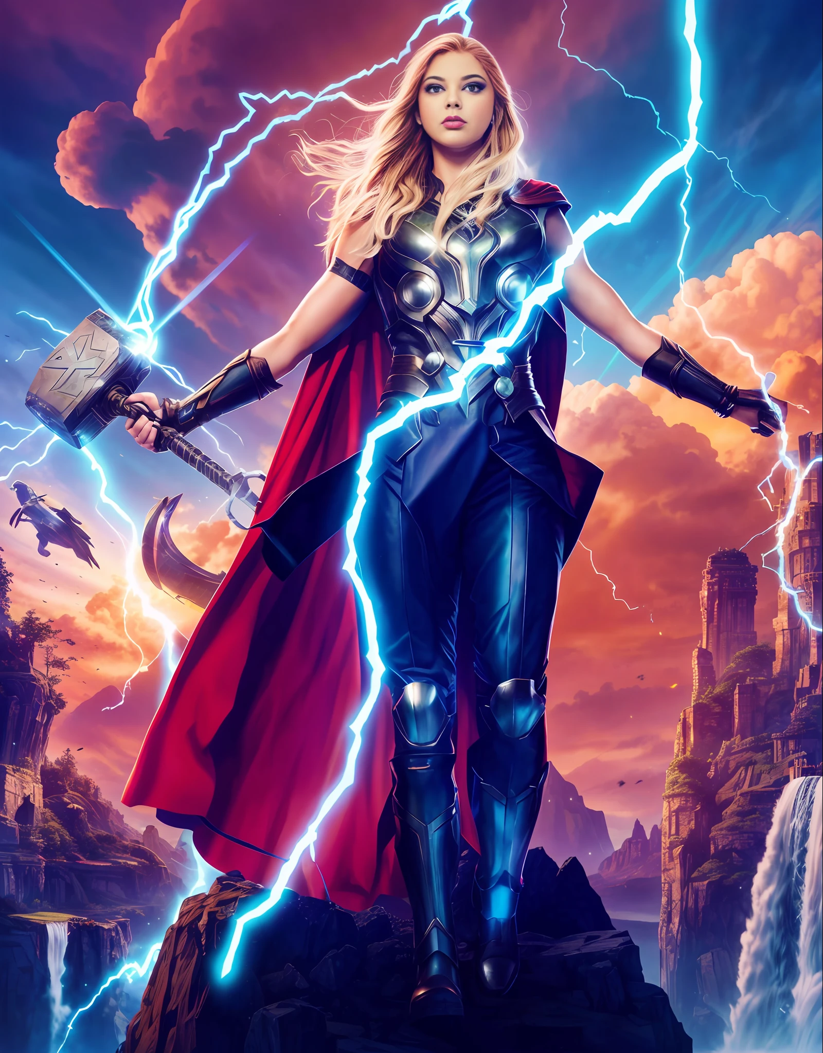 THOR THOR THOR THOR th, THOR, Estrelando o filme Thor Ragnarok, Erin Moriarty como Feiticeira Escarlate, THOR 2 filme da marvel, sem texto, personagem do cartaz do filme, Elon Musk como Thor, Asgard Ascendente, Asgard, Ruiva, Longos e volumosos cabelos cacheados