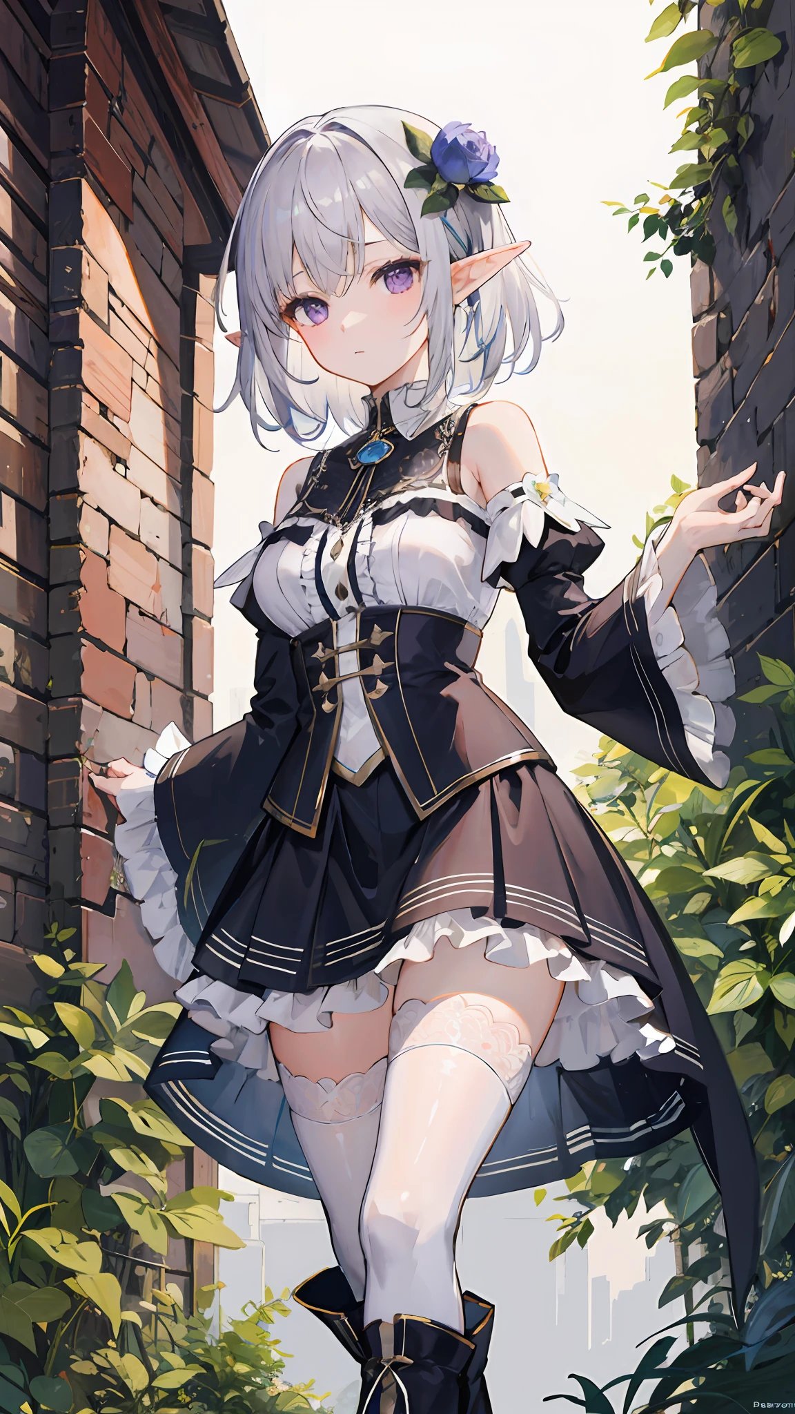 (masterpiece), best quality, high resolution, extremely detailed, detailed background, cinematic lighting, outdoor, 1girl, elf, medium hair, silver hair, crossed bangs, purple eyes, medium breasts, white shirt, black dress, drastic hair ornaments, skirt, frills, lace rims, frilled sleeves, frilled skirt, thighhigh, ankle boots,