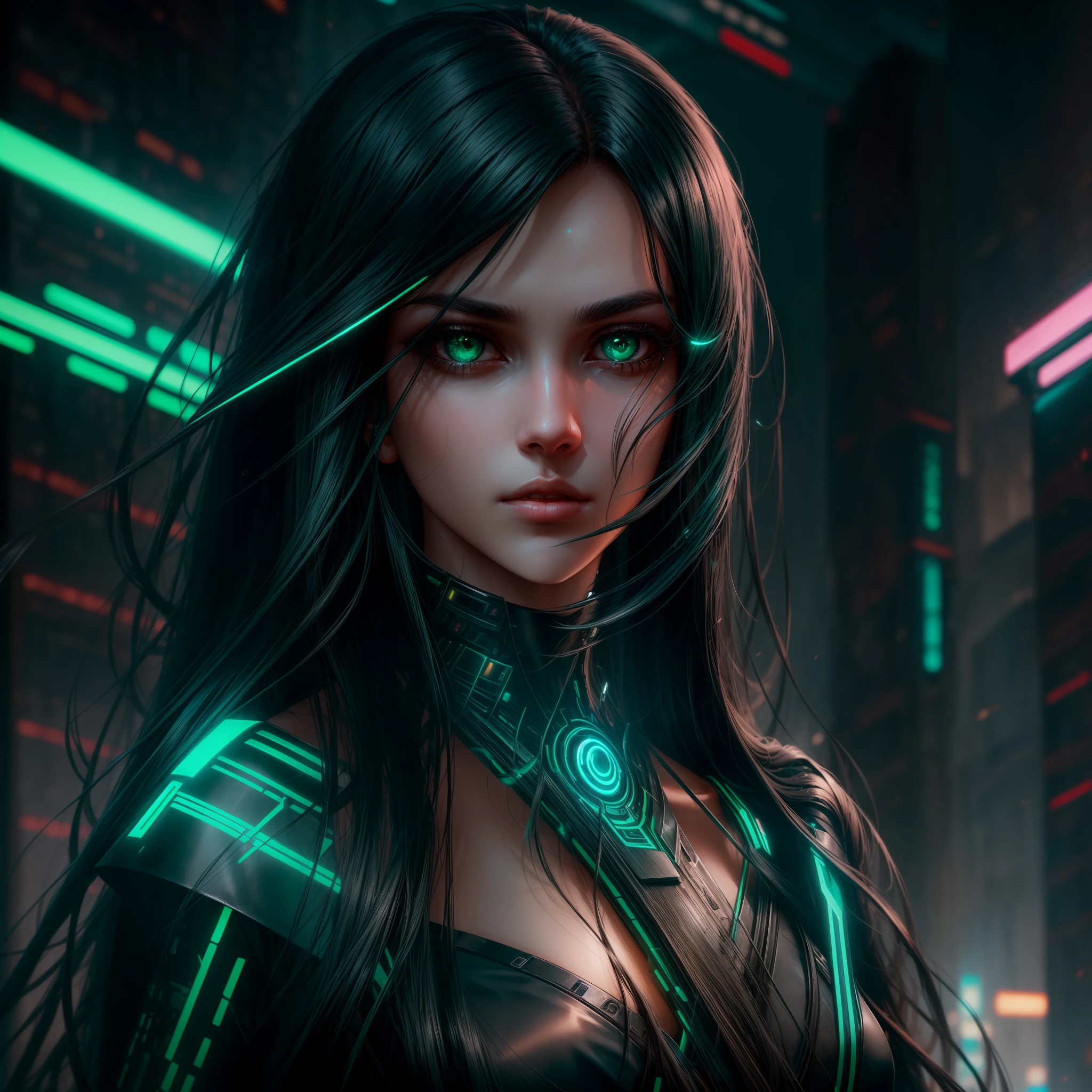 man,Long black hair, green eyes, fair skin, serene and penetrating look, elegant and enigmatic appearance,cyberpunk background,8 k. --auto --s2