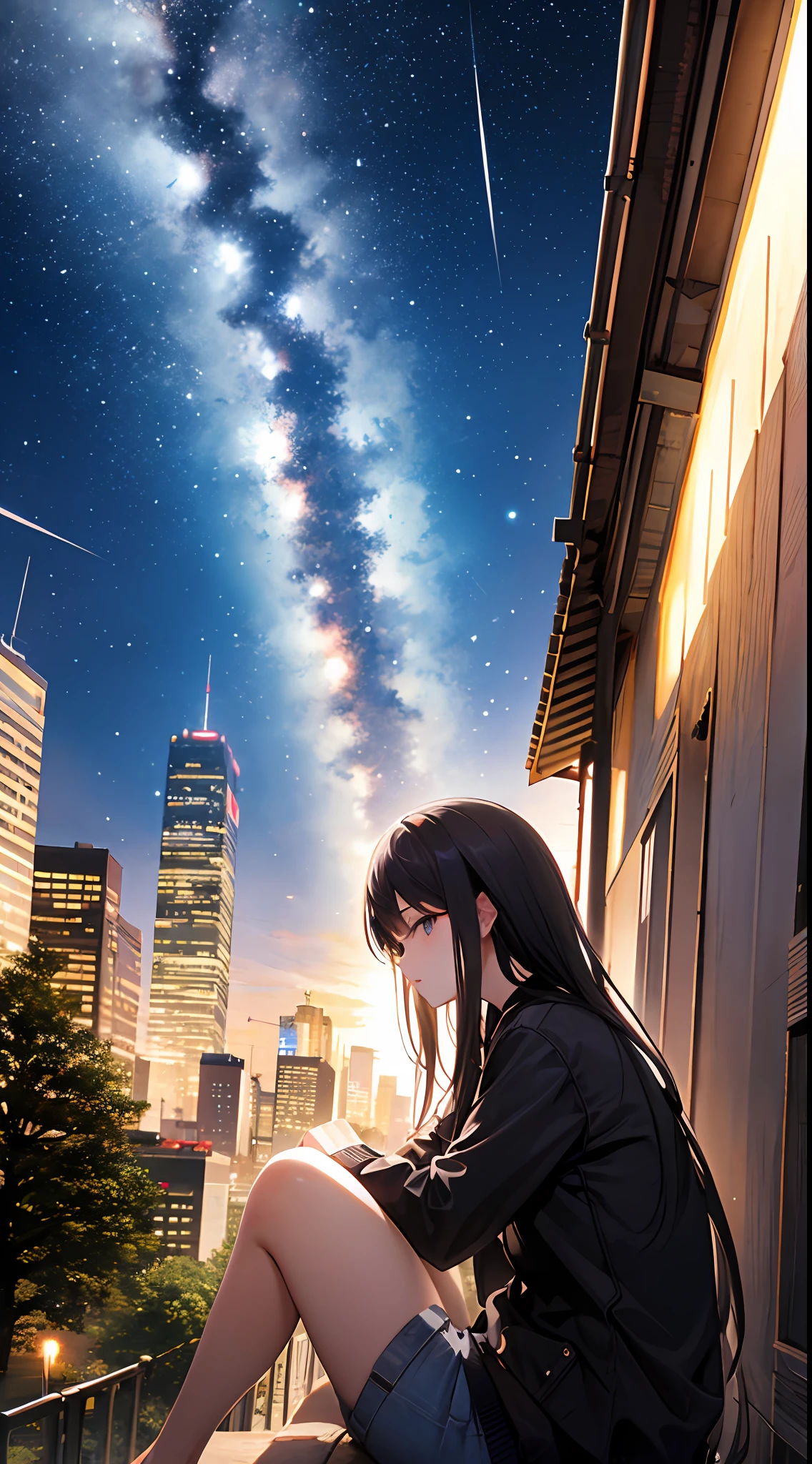 octans, sky, star (sky), scenery, starry sky, night, 1girl, night sky, solo, outdoors, building, cloud, milky way, sitting, tree, long hair, city, silhouette, cityscape