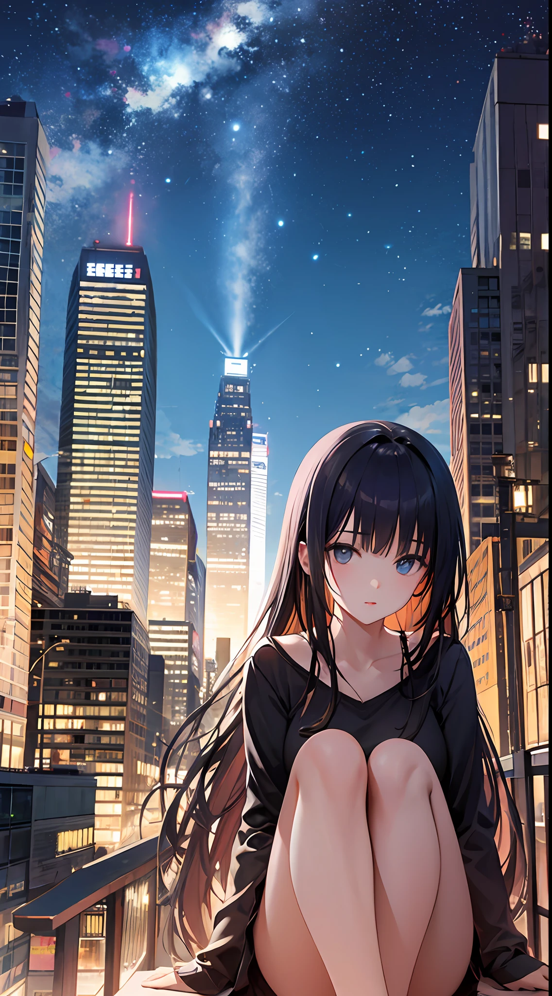 octans, sky, star (sky), scenery, starry sky, night, 1girl, night sky, solo, outdoors, building, cloud, milky way, sitting, tree, long hair, city, silhouette, cityscape