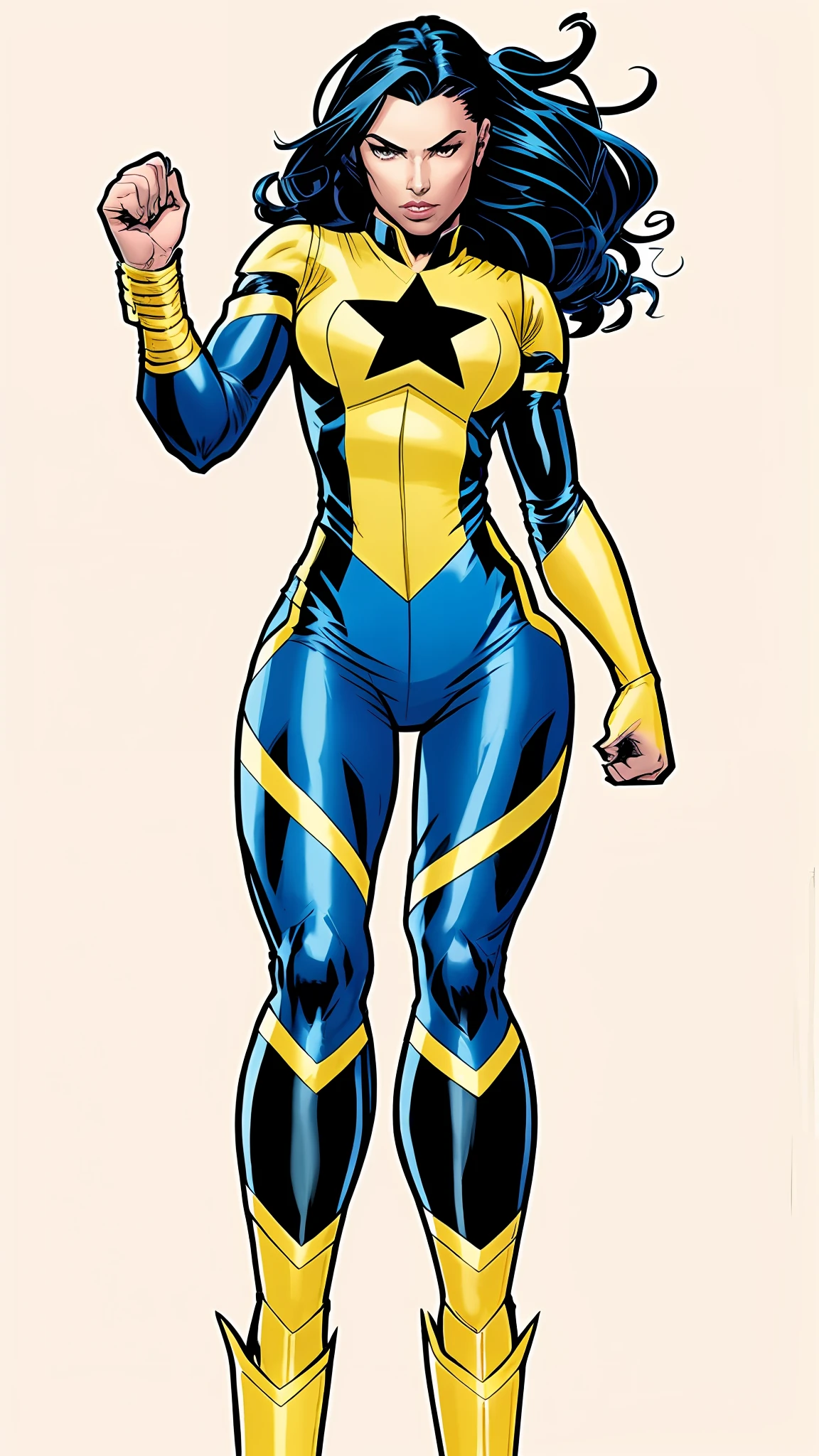 Tall joyful woman, a close up of a woman in a yellow and blue costume, yellow x-man costume, full body portrait of jean grey, x-man costume, new costume concept design, cassandra cain in satin, high quality colored sketch, 90s comic book character design, full body concept, female superhero proportions, comic book character, blue and yellow, sigma female, HD quality, star symbol on chest, Black blue hair, Hair covering eye, hair on face, cory chase as an atlantean, portrait of modern darna, as an atlantean, qiyana, comic book character, 90s comics, cassandra cain in satin, zenescope, power pose, looks like laura barriales, she hulk, looking at viewer, shy expression, mix race, full lips, soft features, confident smile (full lips, full bottom lip, thinner top lip, natural lips, natural), long beautiful hair, hair on eye, lips (thick bottom lip, thin top lip), alley background (alley, walls, building), hands (good hands, well drawn)