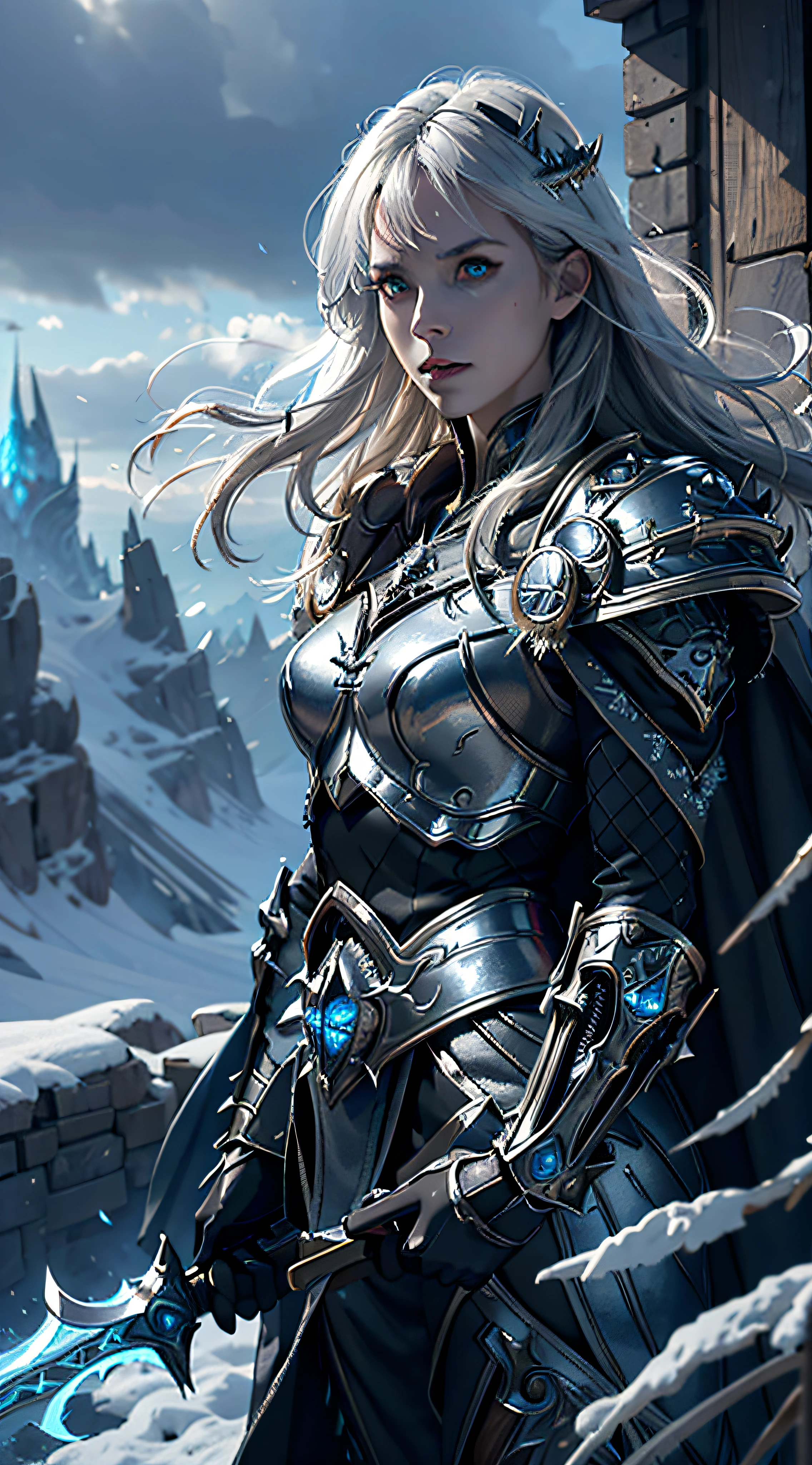 8k,ultra detailed, masterpiece, best quality, (extremely detailed), dynamic angle, Mysterious expression, wind effect, fantasy background, rim lighting, cinematic light, ultra high res, 8k uhd, film grain,best shadow, delicate, RAW, light particles, detailed skin texture, detailed armor texture, detailed face, intricate details, ultra detailed, bright, strong, silver armor, (holding weapon), slashing, slash action, pauldrons, glowing eyes, long cape, fantasy, (realistic), shoulder armor, complex, intricate, perfect lighting, looking at viewer, cinematic lighting, flying in sky,flying, holy light, vivid, bangs, windy, frozen mountains, long white wavy hair, lich queen