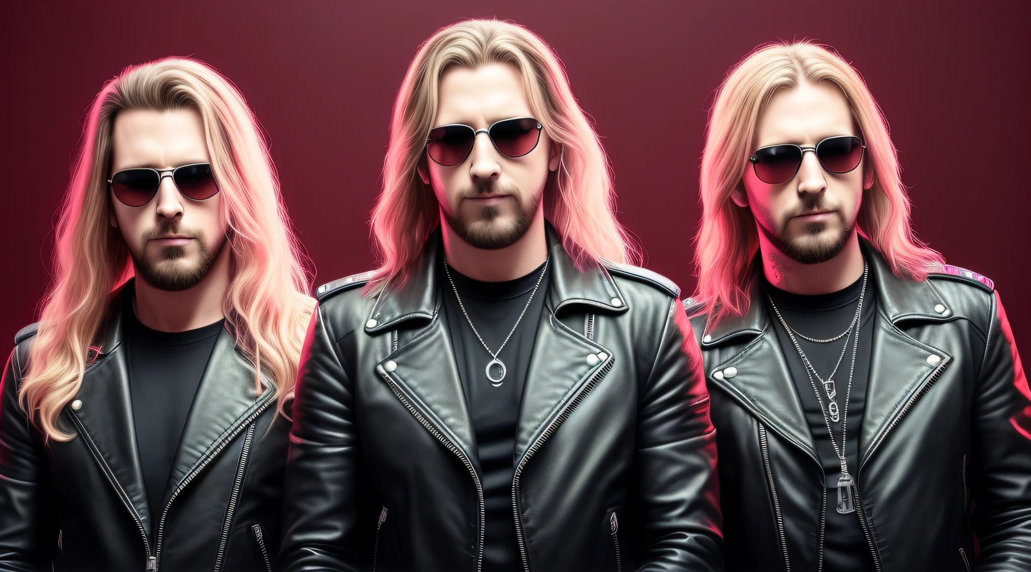 3 BLONDE BOYS LONG HAIRED, in black leather jackets and sunglasses, HALF BODY, SOFT RED BACKGROUND LIGHTS, posing for a photo, high quality photo, very low quality image, heavy rock band promotional photo, phosphorescent, heavy metal band promo, photo of a promotional session, very high quality, war photo, the scooter (EDM band, sinister vibe, the name of the band is Roborock