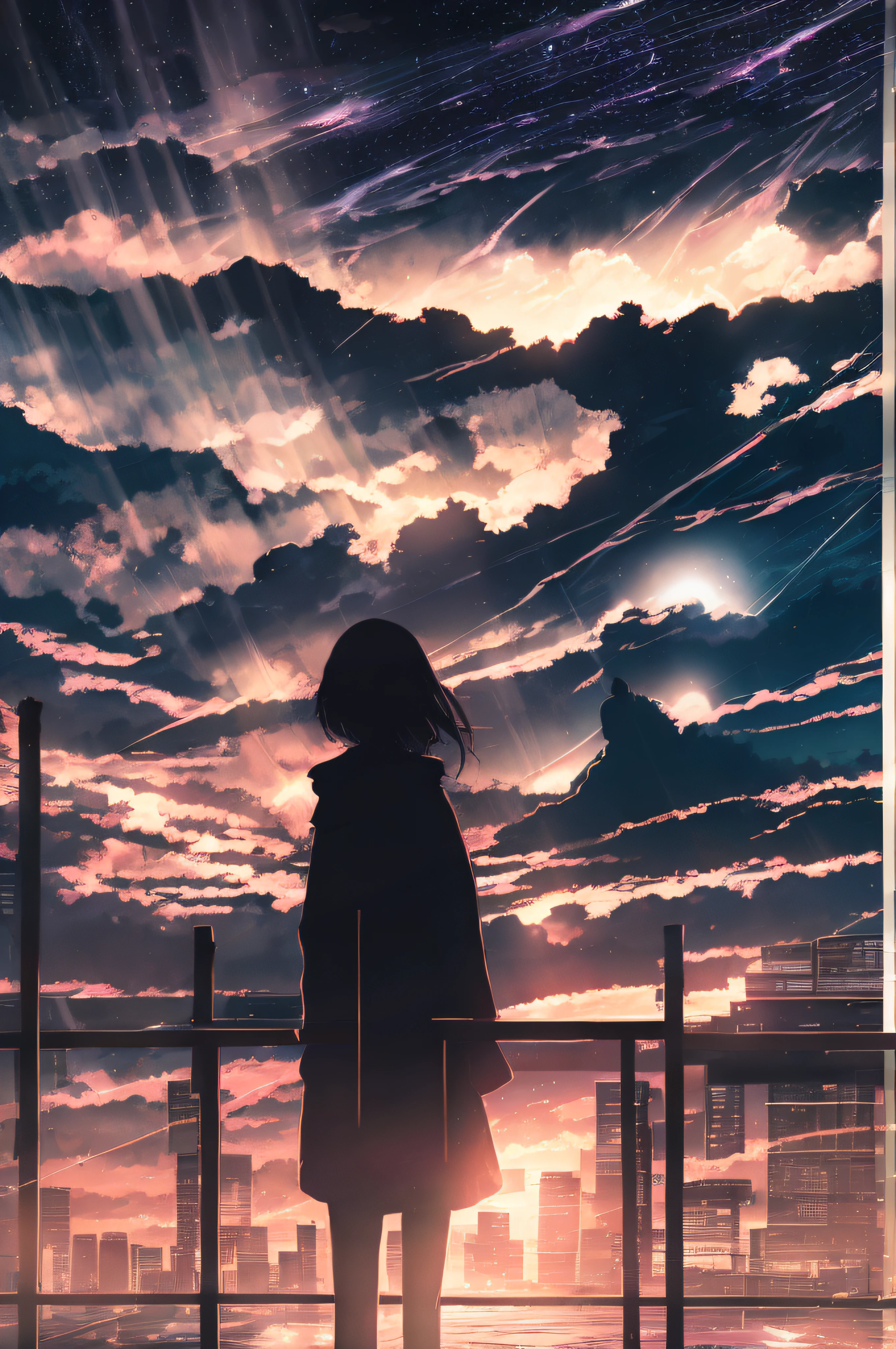 anime,silhouette,1girl, star (sky), cloud, cityscape, building, city, outdoors, skyscraper, city lights, night, night sky, sunset, skyline