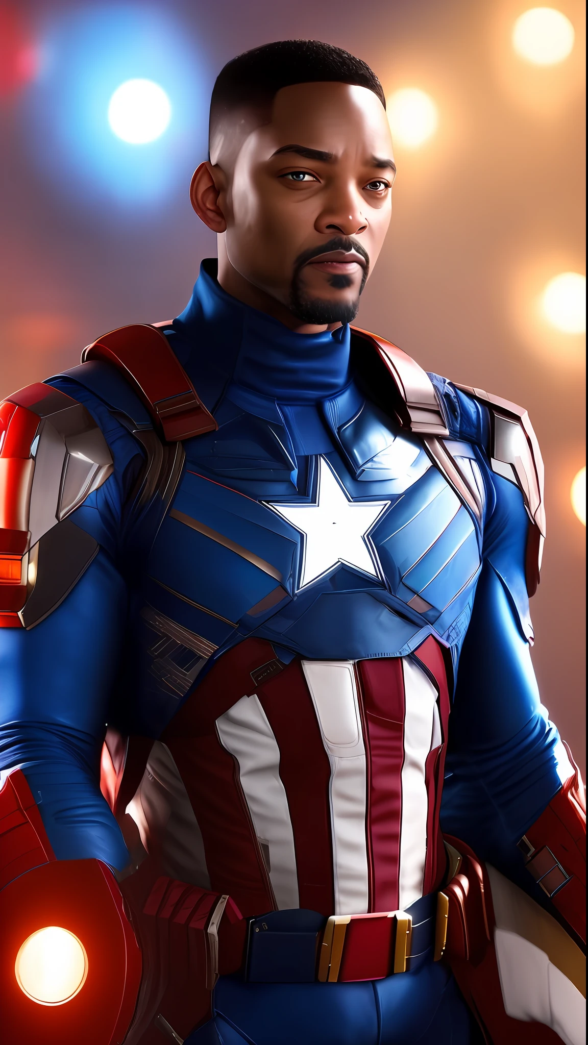 . . Tarantino style Will Smith as Captain America 8k, HD, face detail, face detail, eye detail, suit detail, Marvel and DC style, ultra-realistic, + cinema lens + dynamic composition, incredible detail, sharpening, detail + superb detail + night of lights + perfectionism + award-winning realism ((moody lights))