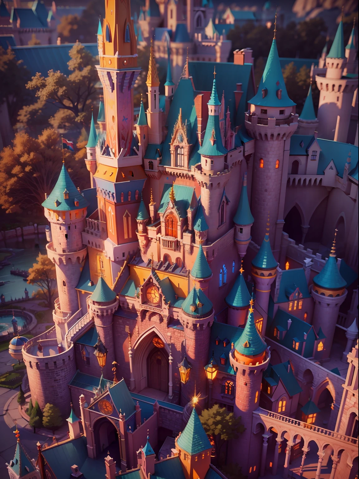 A fantastic Disney castle complex, colorful, 4K HD, lighting effects,Trending on artstation