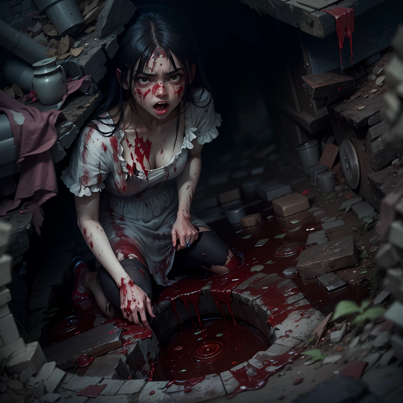 dead girl climbing out of a hole in the ground with bloodied body, 19 years old, wide sad eyes, black hair, whitish and bulging eyes, angry expression, bloody puddle, bloody dress, filthy torn dress, filthy dark basement full of garbage, darkness, fog, mist, creepy, UHD, high details, best quality, highres, 8k