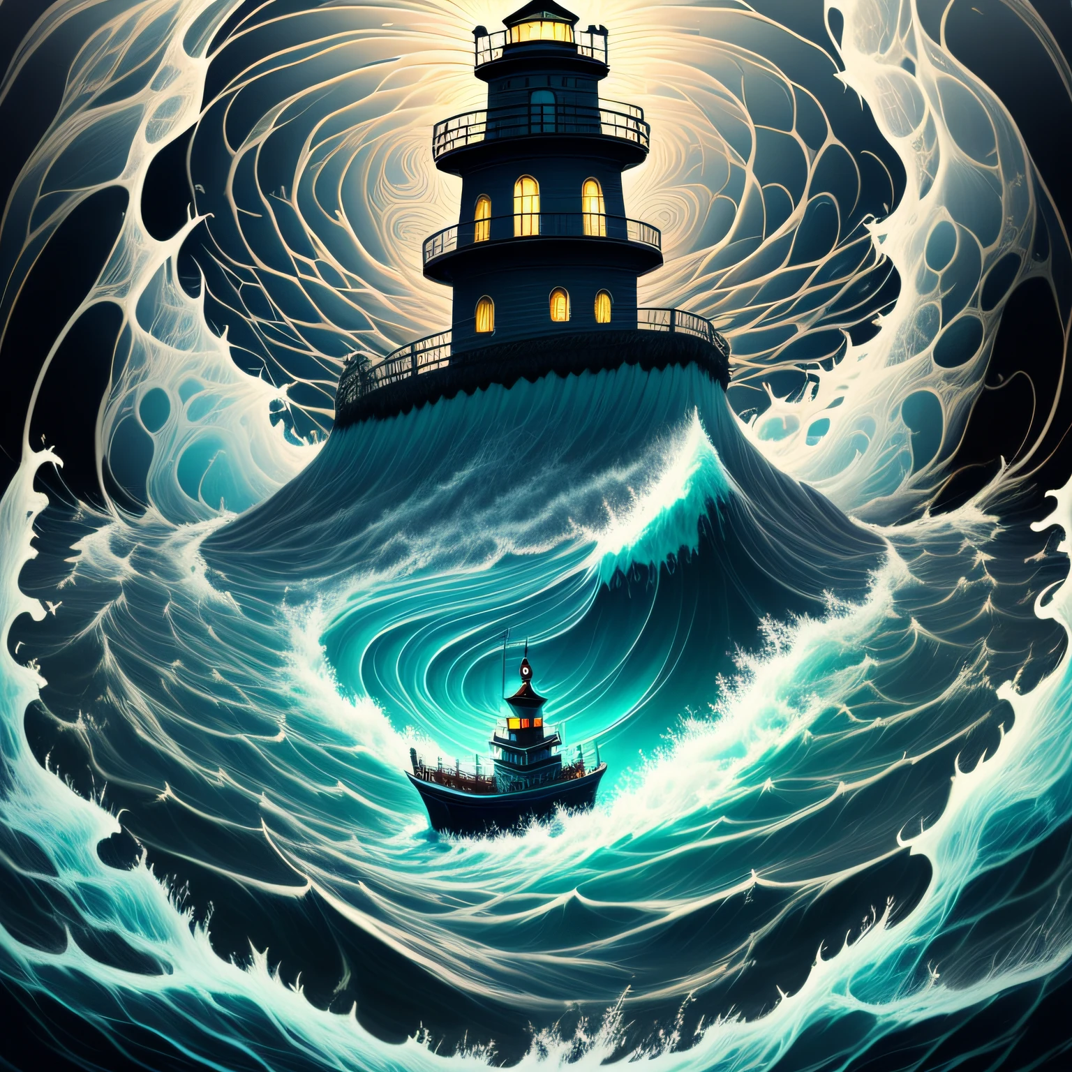 A mysterious underwater realm, Pitch-black sea ghosts, Powerful octopus with a lighthouse, A deep artistic conception that spreads like a swirl.