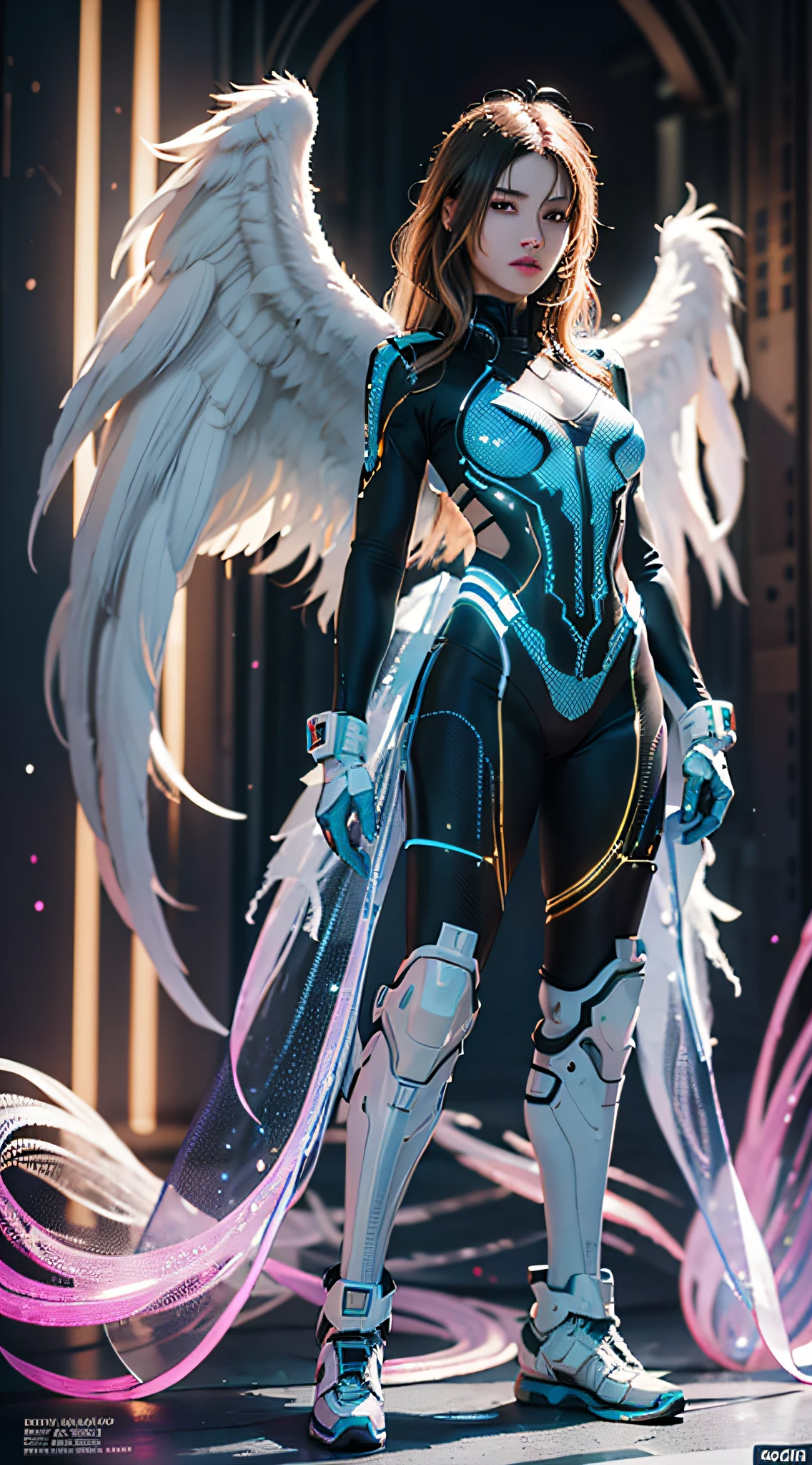 full body length standing of sci-fi angel on sci-fi background, proportionate, sci-fi, light hair, a stunning realistic, full body, luminism, octane render, Bar lighting, complex, {{Martin Ansin}}, 8k resolution, fractal isometrics details bioluminescence : hyperealistic cover photo awesome full color,