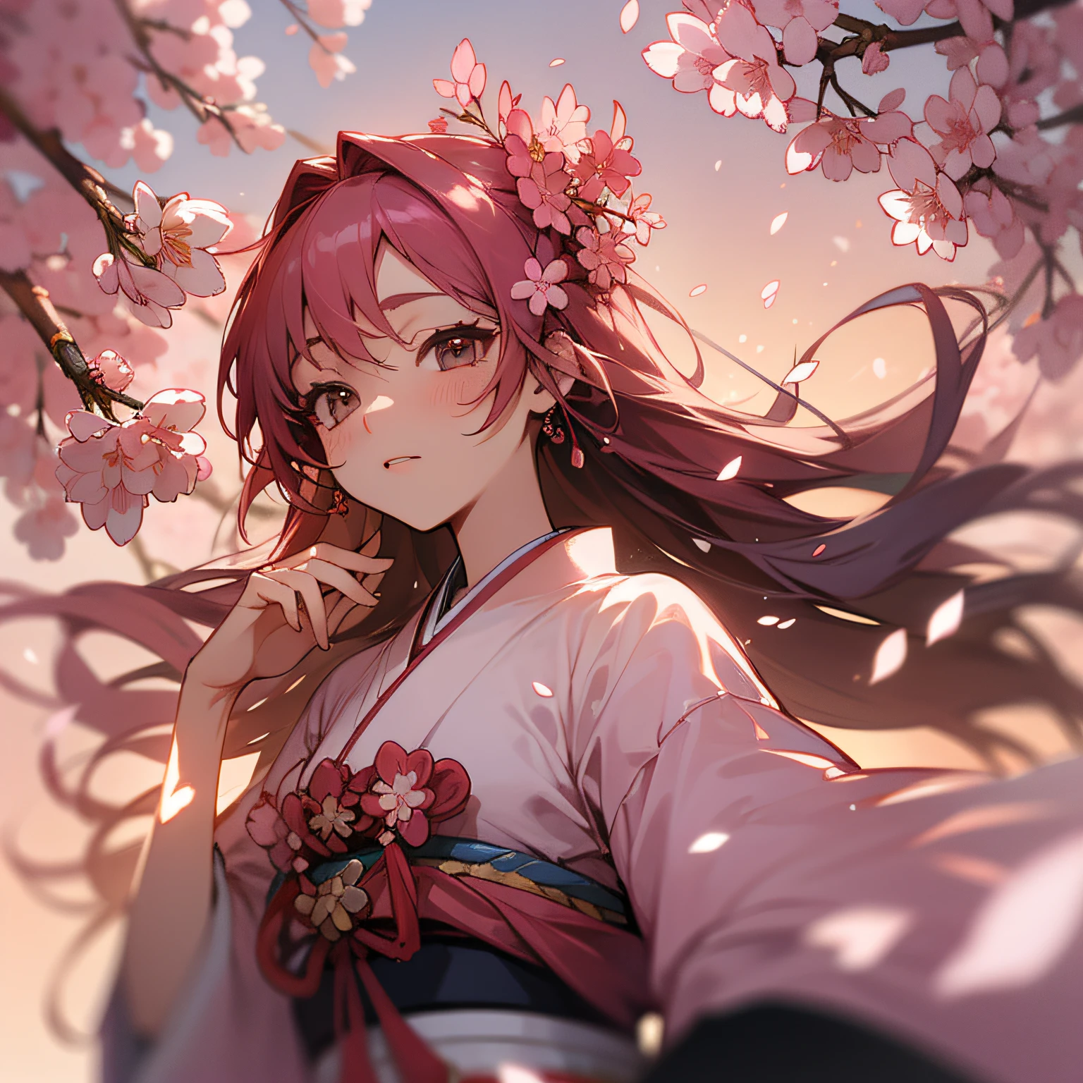 (best quality + exquisite details) | (Sakura blossom: 1.4), extremely delicate, dynamic pose, traditional Japanese clothing, dynamic angle, long hair, cherry blossom petals, sunset glow, blurred background.