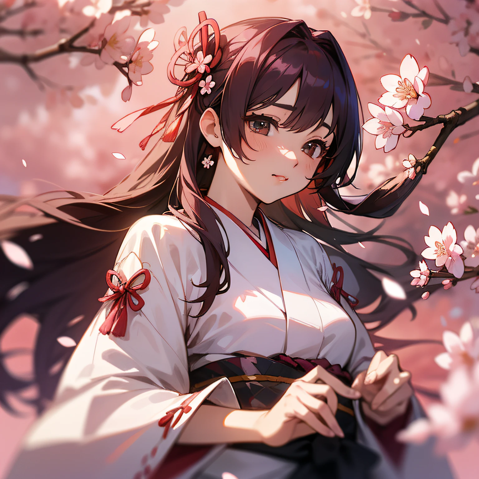 (best quality + exquisite details) | (Sakura blossom: 1.4), extremely delicate, dynamic pose, traditional Japanese clothing, dynamic angle, long hair, cherry blossom petals, sunset glow, blurred background.