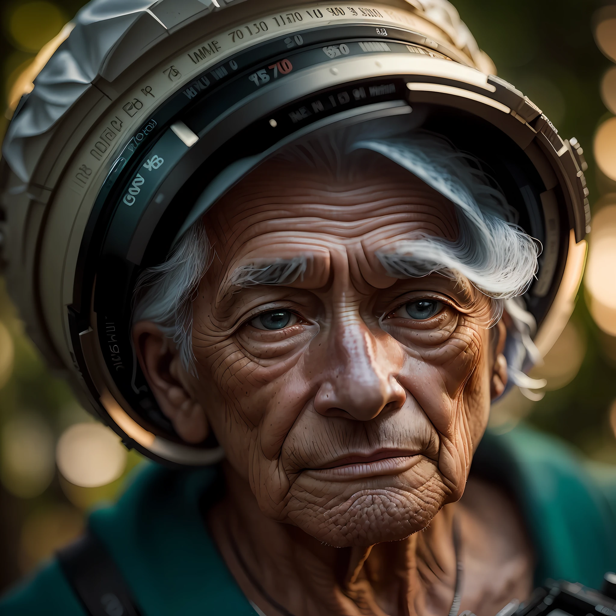 Uma fotografia de retrato de um velho ((70 anos)) Homem, foto premiada, melhor qualidade, retrato por Annie Leibovitz, Canon 5D Mark II, filme, fotografia profissional, (cores ricas:1.1), hiper realista, textura realista, (natural lightting: 1.1), (Canon EF 85mm f/1.4L IS USM) no parque, velho sentado no banco do parque --auto