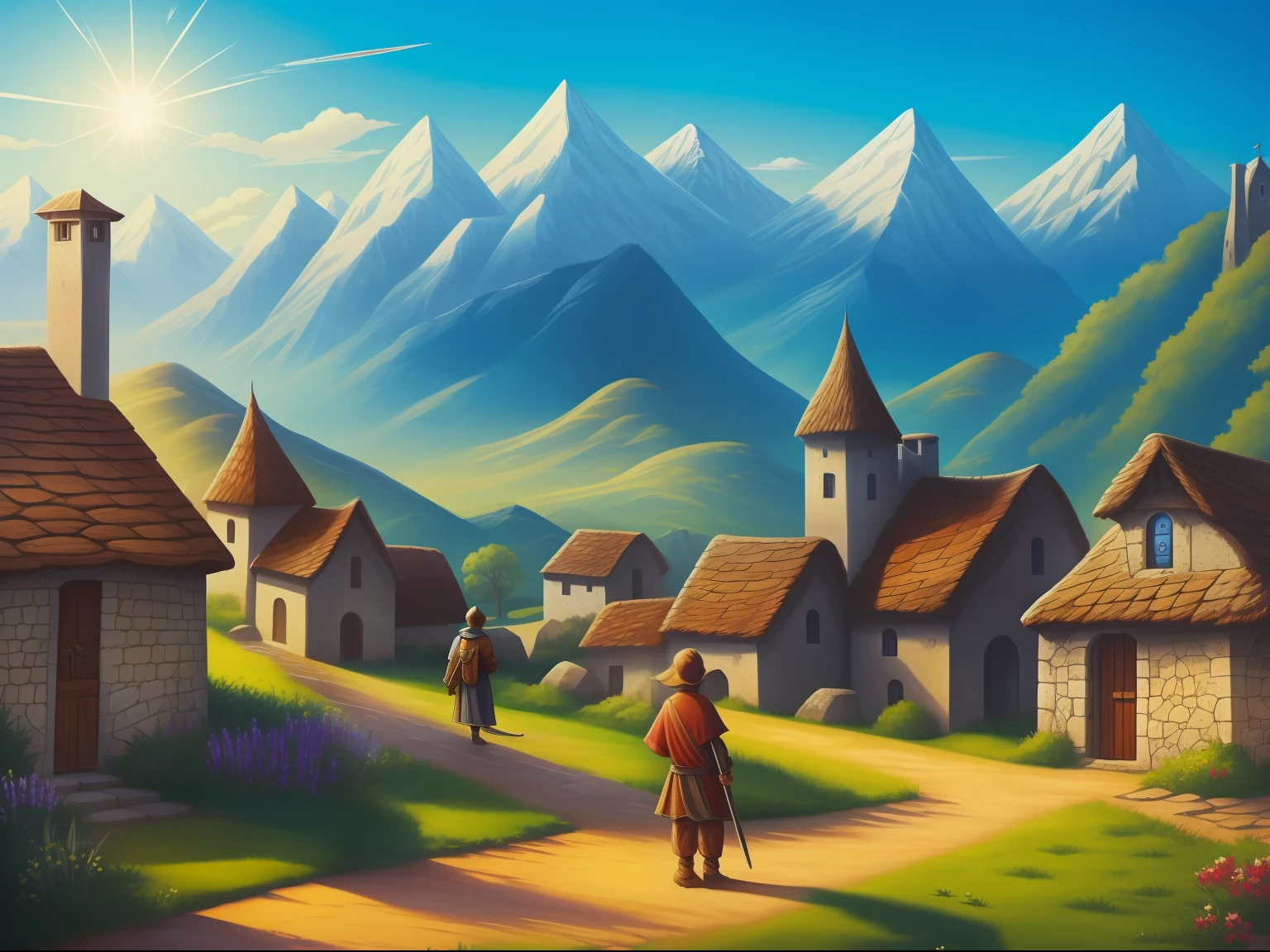 fantasy art, small medieval village, a boy standing in front of his house, blue sky, mountains in the background