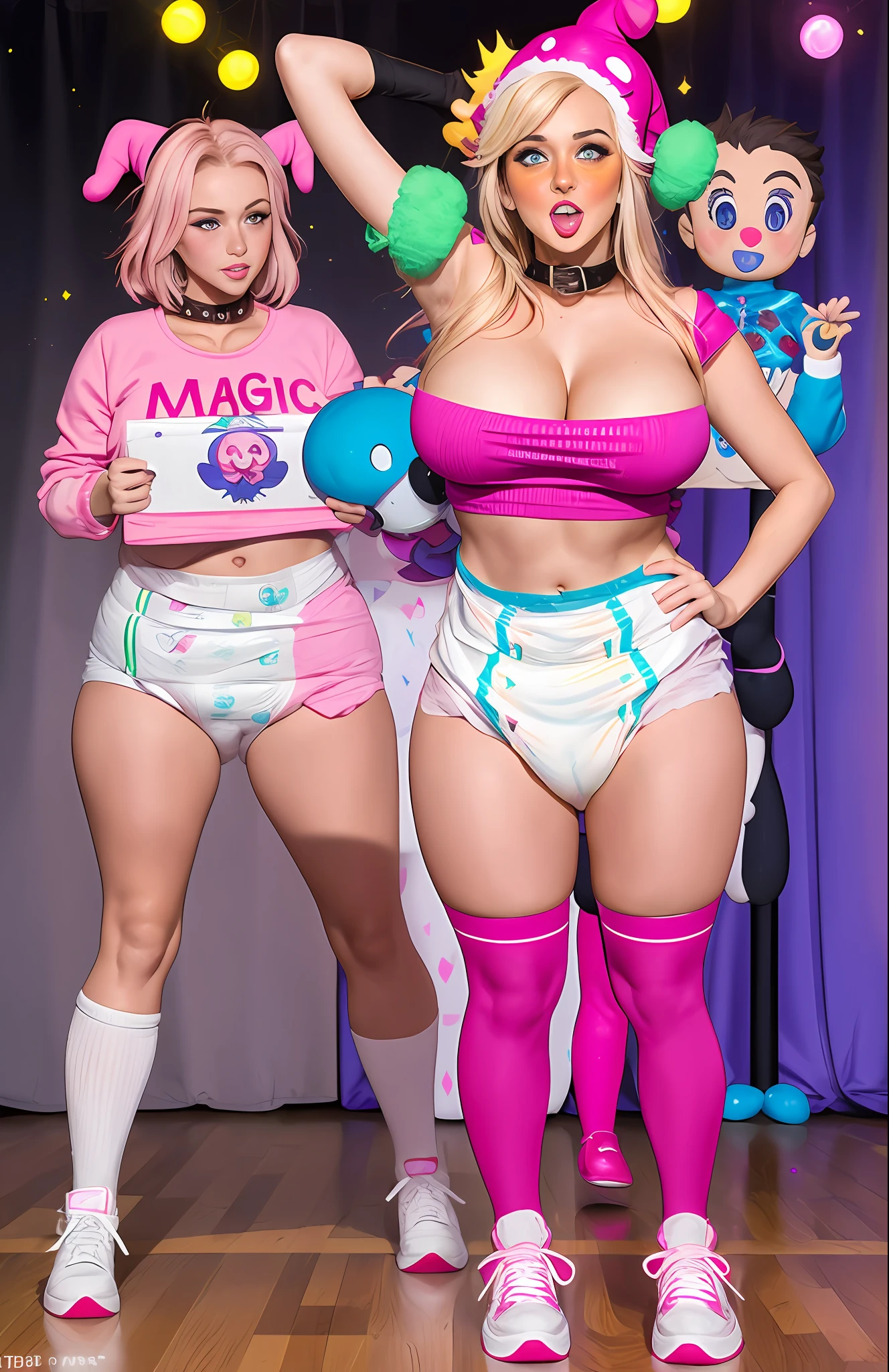 Sexy college sorority girl wearing a (big diaper), standing in front of her lecture hall, ((embarrassed)), center of attention, pleasure, (kinky), facing crowd, sweatshirt, sneakers, striped stockings, colorful, fantasy, (magic), (magical fog), mature, (big breasts), wide hips, blushing, stage, stage lights, ((vulnerable)), kinky, blonde, ((blushing)), surprised, raised eyebrows, shocked, ((orgasmic)), (((hypnotized))), (hypnotic), drooling, (submissive), ((glowing pink eyes)), (pink iris), (magic), ((relaxed)), ((ecstasy)), collar, big lips, bimbo, long lashes, kissy face, eyes crossed, puppet magic, (((mesmerized))), clown face, ((jester hat))