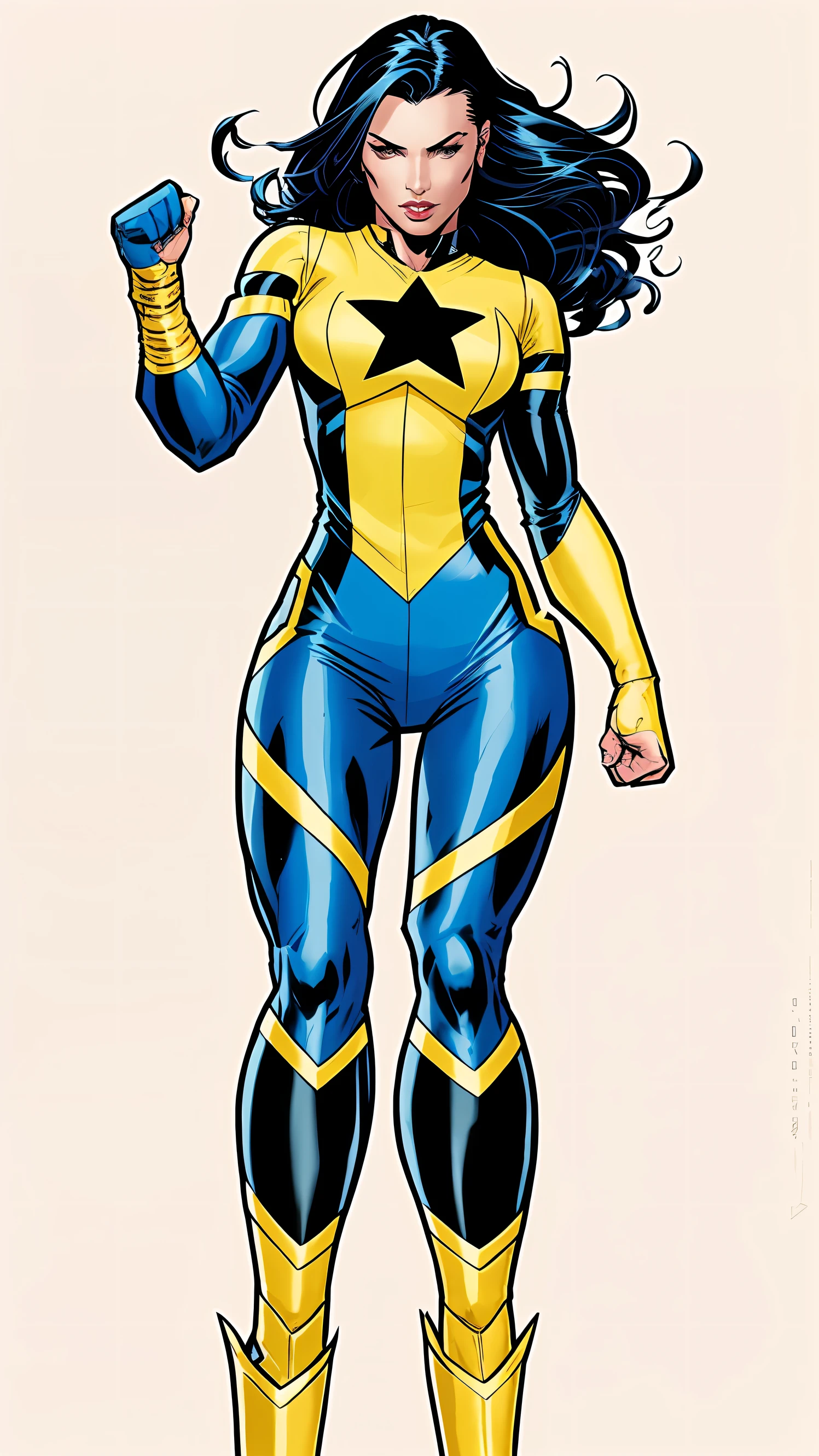 Tall joyful woman, a close up of a woman in a yellow and blue costume, yellow x-man costume, full body portrait of jean grey, x-man costume, new costume concept design, cassandra cain in satin, high quality colored sketch, 90s comic book character design, full body concept, female superhero proportions, comic book character, blue and yellow, sigma female, HD quality, star symbol on chest, Black blue hair, Hair covering eye, hair on face, cory chase as an atlantean, portrait of modern darna, as an atlantean, qiyana, comic book character, 90s comics, cassandra cain in satin, zenescope, power pose, looks like laura barriales, she hulk, looking at viewer, shy expression, mix race, full lips, soft features, confident smile (full lips, full bottom lip, thinner top lip, natural lips, natural), long beautiful hair, hair on eye, lips (thick bottom lip, thin top lip), alley background (alley, walls, building), hands (good hands, well drawn)