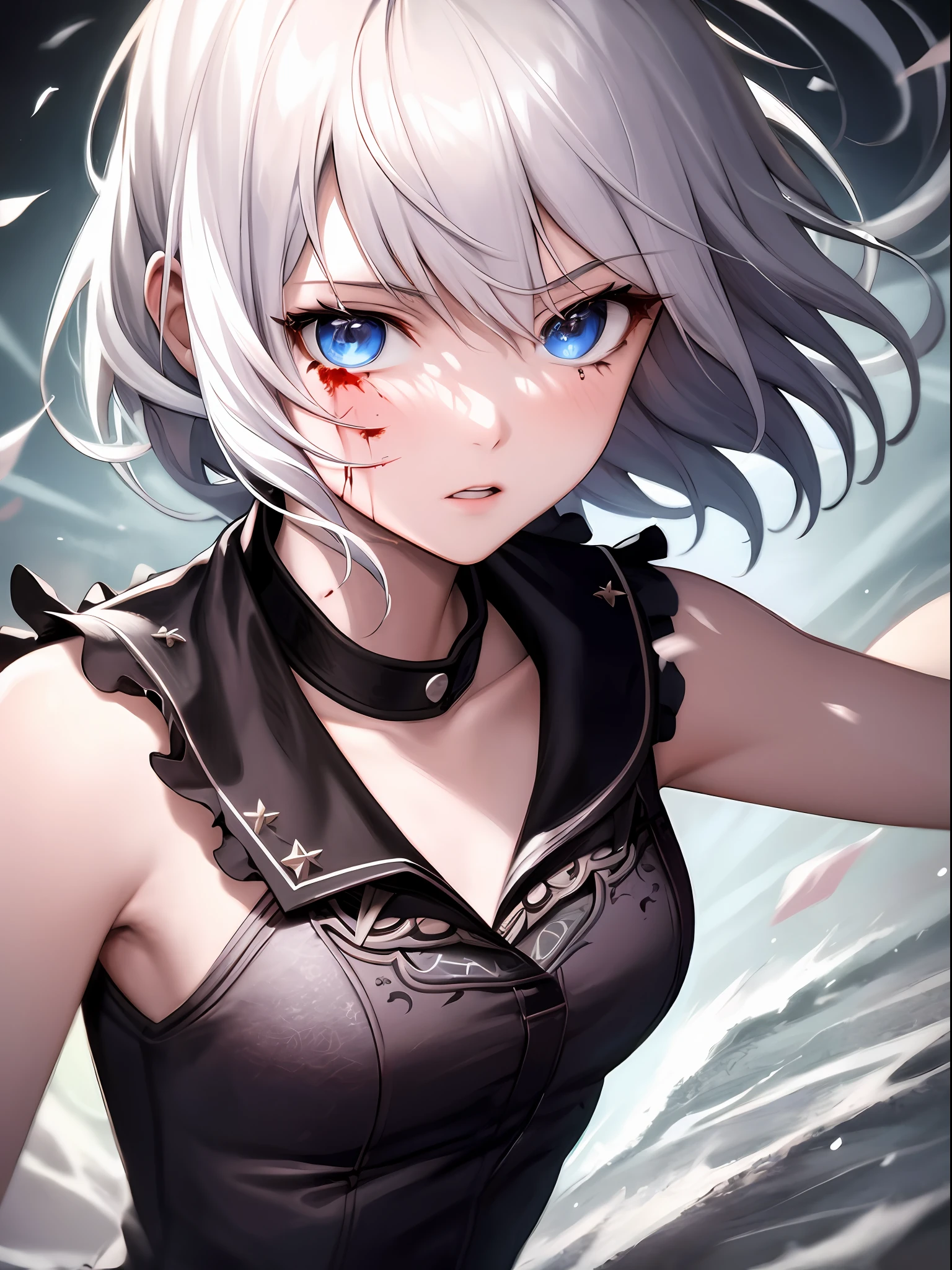 best quality, masterpiece, super high resolution, (reality:1.5), art, original photo, dynamic lighting, high resolution, sharp focus, depth of field,1girl, medium, masterpiece, best quality, super detailed, illustration, white hair and super detailed face, high quality face, upper body, fighting, bleeding, tattered clothes,