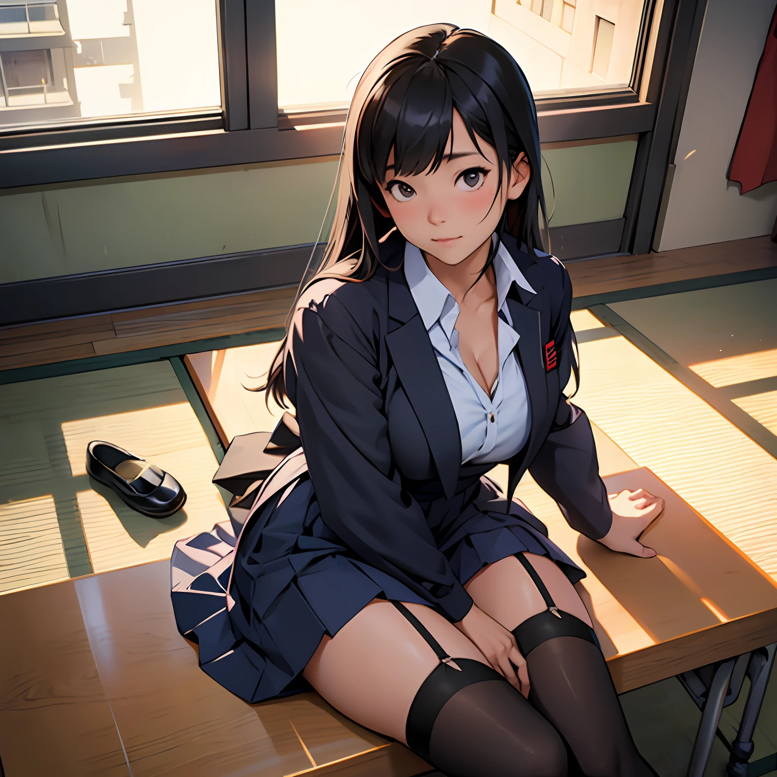 arafed asian woman in a school uniform sitting on a window sill, japanese girl school uniform, wearing japanese school uniform, cute schoolgirl, japanese school uniform, a hyperrealistic schoolgirl, wearing school uniform, hyperrealistic schoolgirl, girl wearing uniform, wearing a school uniform, realistic schoolgirl, korean girl, seifuku, school girl, huge breasts, thighhighs, cleavage, garter straps --auto
