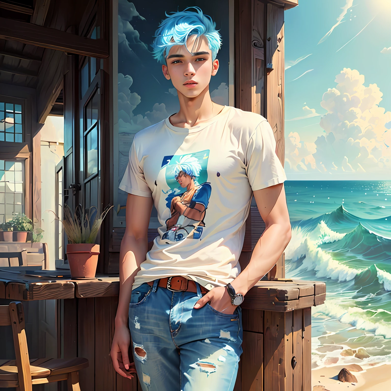 Por favor , crie um adolescente com cabelo loiro ,moicano estilo punk , com camiseta branca , Denim Jeans Pants ,black tennis , com o nariz em formato de onda fino na ponta, ultra realista