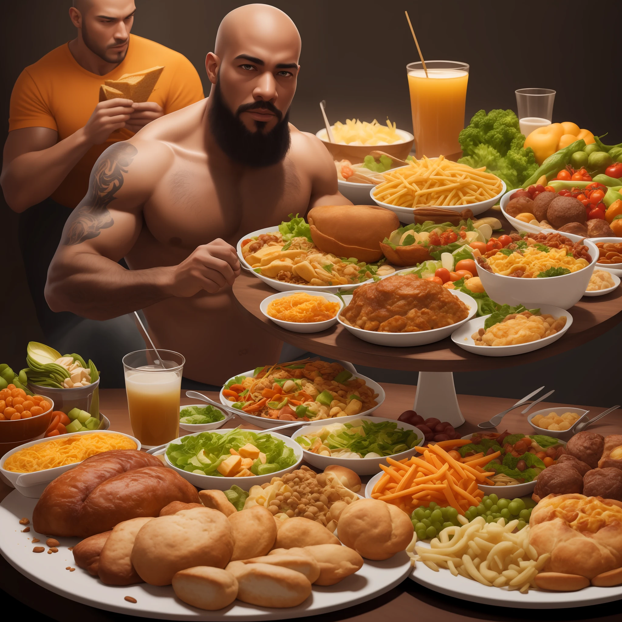 a man with a lot of foods around, Ultra Detailed, Ultra HD, Max Sharpen, 8K, 101K ultra detailed resolution, sf, trending on artstation, focus sharp, studio shot, intricate detail, highly detailed --auto