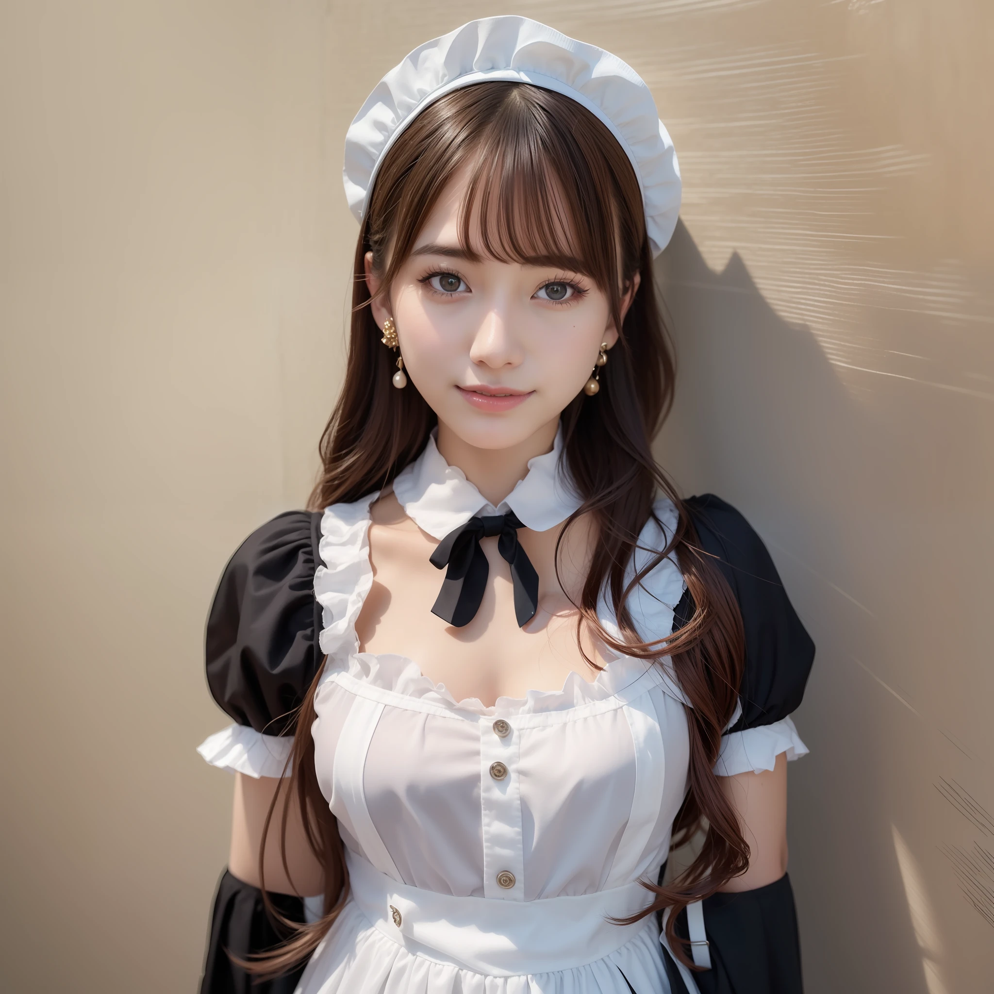 Top Quality, Ultra High Resolution, (Photorealistic: 1.4), Close Up, 1 Girl, (ulzzang-6500:1.0), (Complex Maid Outfit: 1.0), Black Hair, Complex Earrings, Nude, Smile, Upper Body, Accentuate Chest, No Hair Ornaments