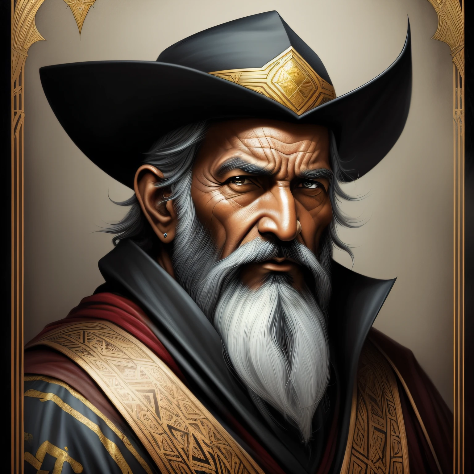 High Angle detailed ((very old male Arabian sorcerer, dark skin, sharp features, faint smile, wrinkled, weathered, with a long black beard, wearing a black and red and gold robe, wearing a yellow cap)), Continued, HD, (oil painting:1.1), (comic book art style:1.5), (inked outline:1.3), Stunning, Character, Portrait, (((Looking Sideways))), angular features, (dark black Graduated Bob Hair), (muted natural colors:1.3), in painterly style by Jean Baptiste Monge --auto