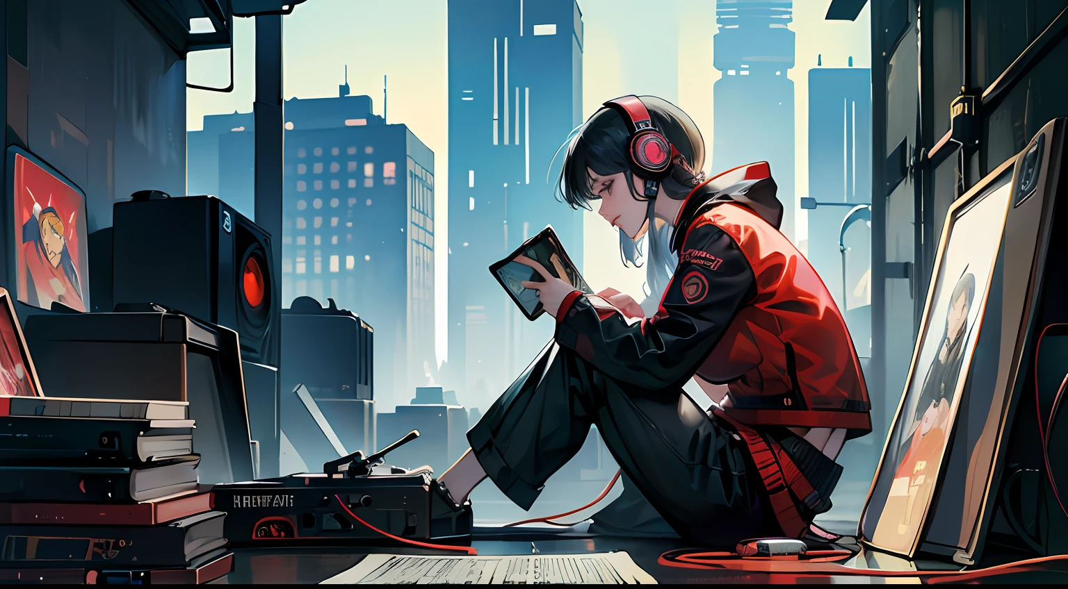 (longshot), wideshot, (film noise), old cartoon, (lots of records:1.3), vinyl record shop, (masterpiece, highest quality, highest quality, official art, beautiful and aesthetic: 1.2), (woman listening to music with 1 headphones), very detailed, (fractal art: 1.4), supreme detail, guitar, (notes: 1.4), ( lo-fi hip-hop), side view, old anime texture, solo, loudspeaker, cyberpunk, vinyl --auto