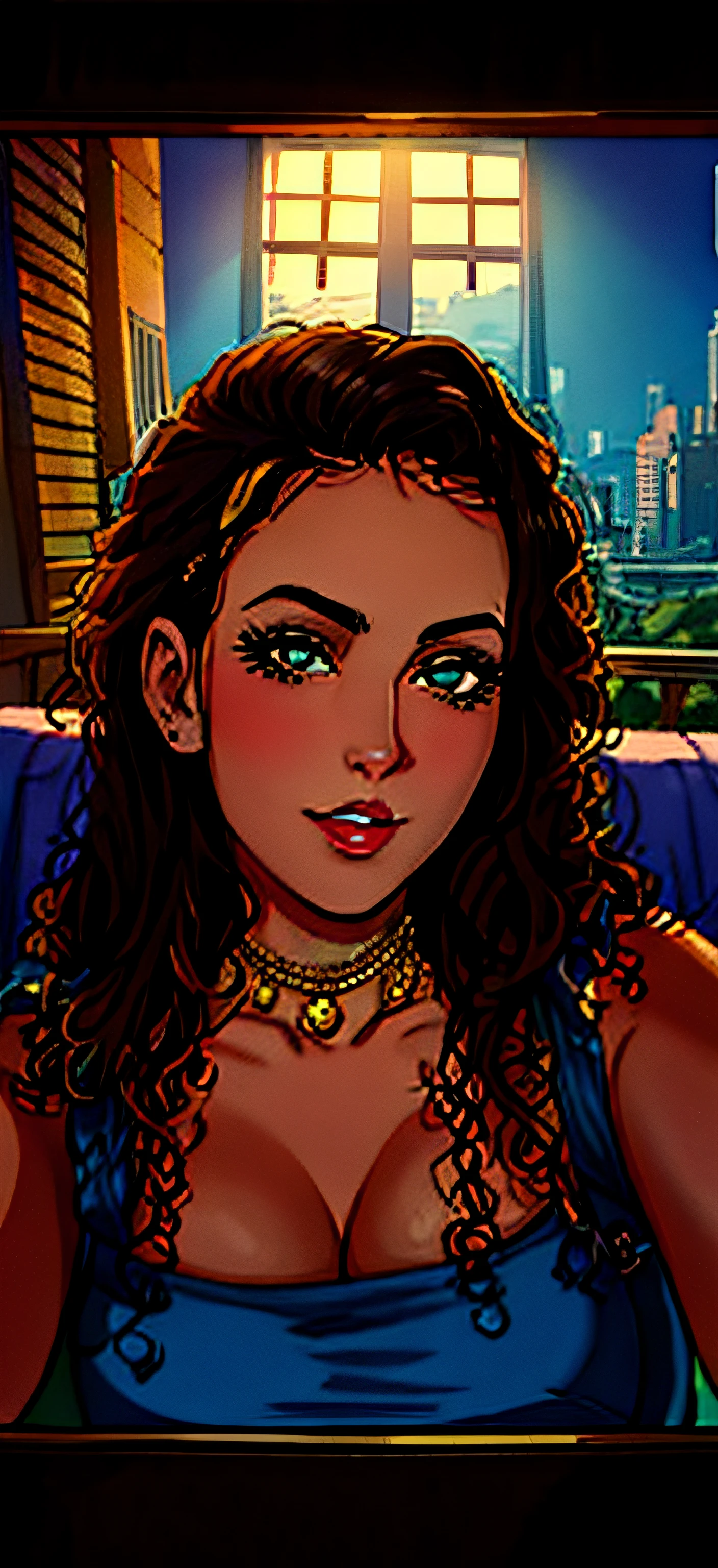 There is a woman with curly hair and a necklace in, Mulher de 30 anos de Cuba, cabelos cacheados, encaracolado, com sardas, sem maquiagem cabelo ondulado, detailed flawless face ,olhos pretos, com longos cabelos cacheados, lindo rosto latino, pele escura, selfie de uma jovem mulher, olhar sensual, imagem frontal, curly hair, ela tem cerca de 16 anos de idade