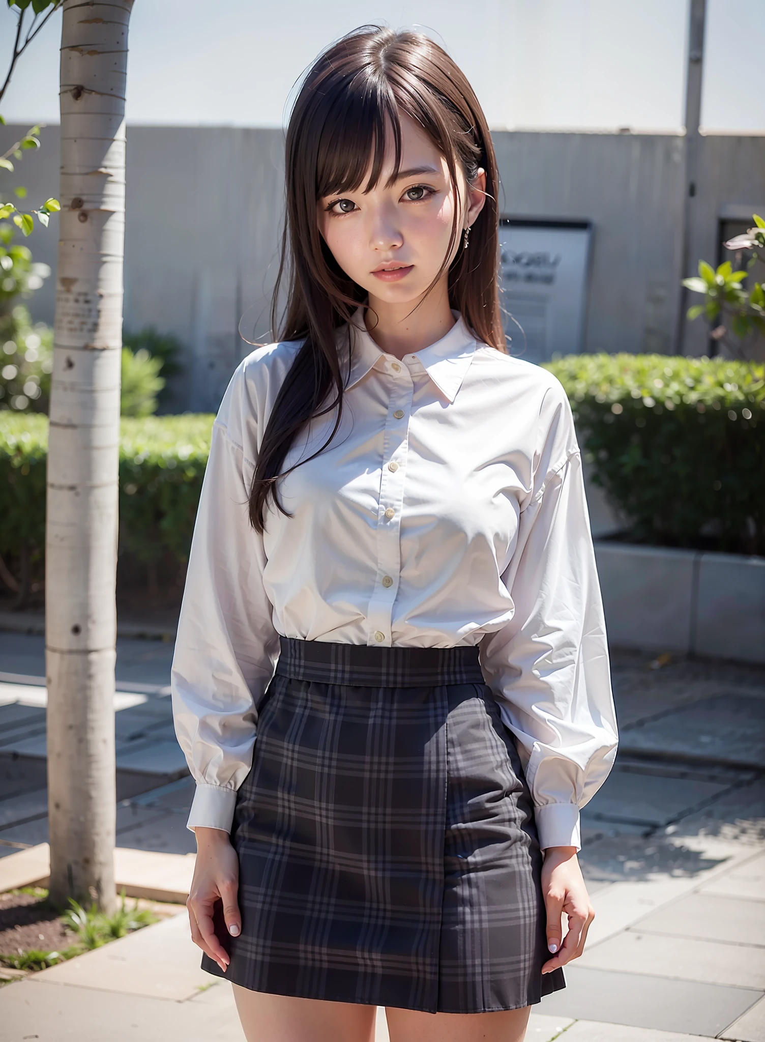 Cute japanese lady wearing white shirt and black plaid skirt, cute face, 8k, hdr, photorealistic