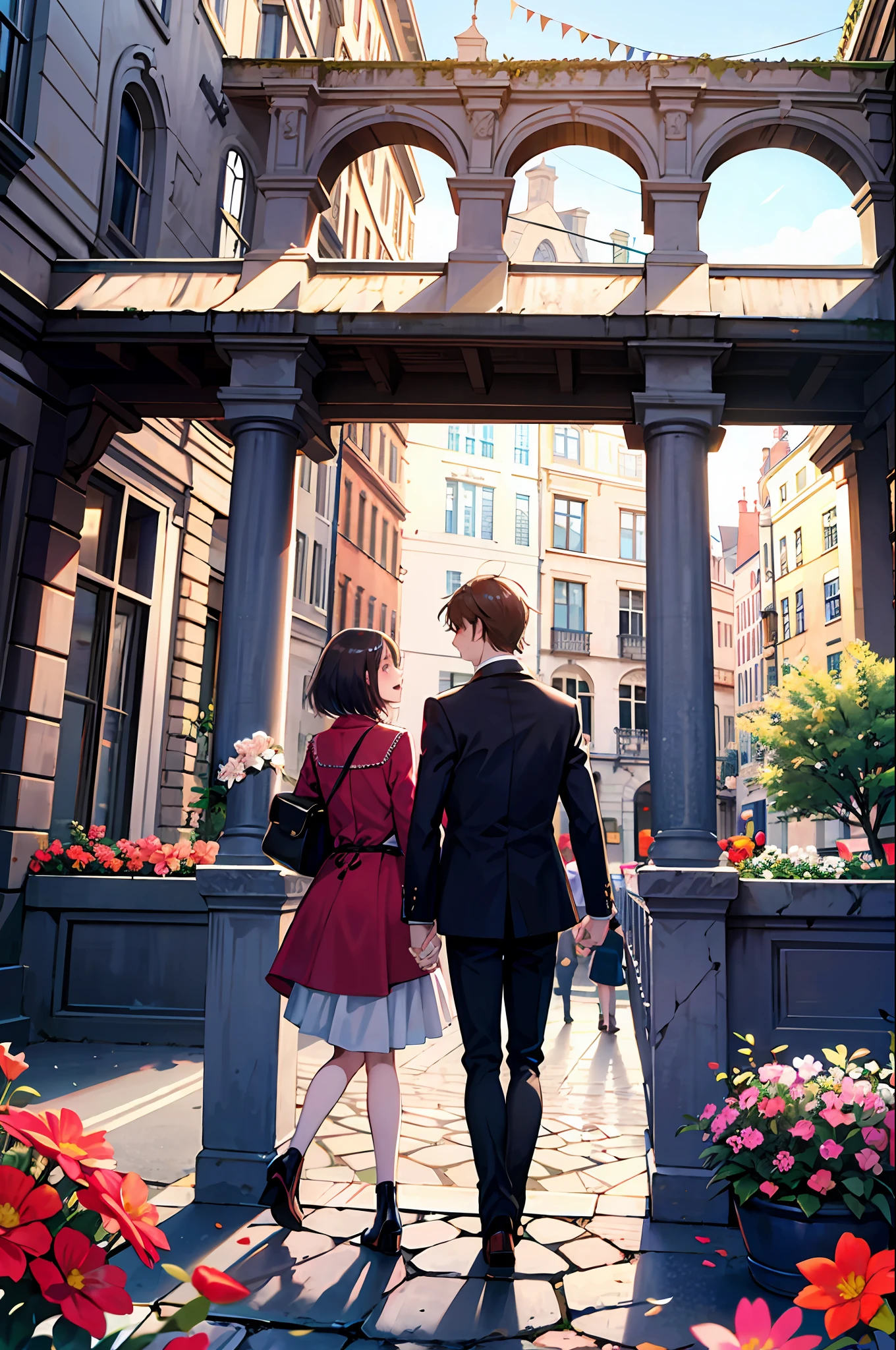 couple in a beautiful square with flowers and full of people with children playing