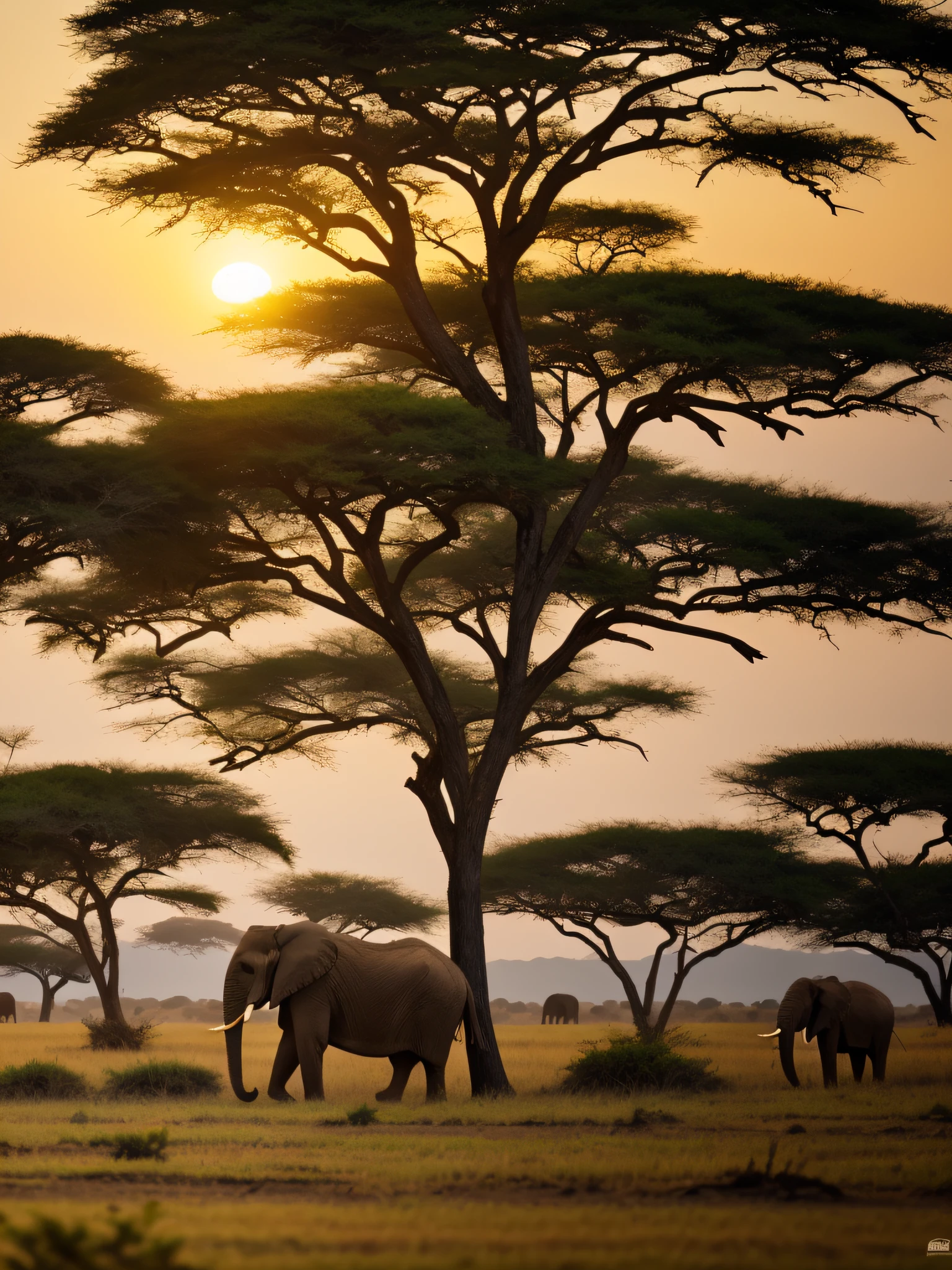 With Nikon D850 camera and Nikon AF-S 200-500mm f telephoto lens/5.6, capturamos um elefante na savana africana. The golden light of the sunset creates a soft and serene atmosphere. Low camera angle highlights elephant grandeur, while the savannah environment provides authentic context. The time of day enhances the colors and textures, and the combination of camera and lens allows you to capture precise details. A imagem transmite a beleza e serenidade dos elefantes em seu habitat natural.