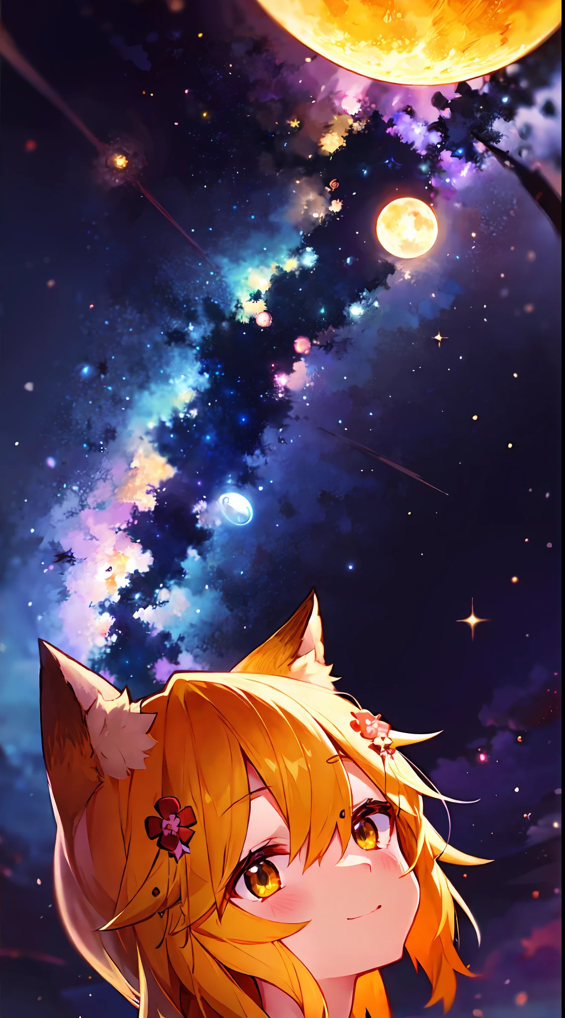 Ultra-detailed starry night scene, extremely focused image, (detailed light: 1.05), a fox girl with orange hair, small stature, solo, kimono, miko, fox ears and tail, floral hair ornament, gazing up with wonder in her crisp, luminous emerald eyes, enchanted smile on her flawless face, dazzlingly clear night sky filled with two sharp, detailed moons, brilliantly vivid constellations swirl overhead, notes of rich purple, blue and green fill the crisp sky, representing her sense of awe and hope, elegant beauty, masterful depth, textures and details