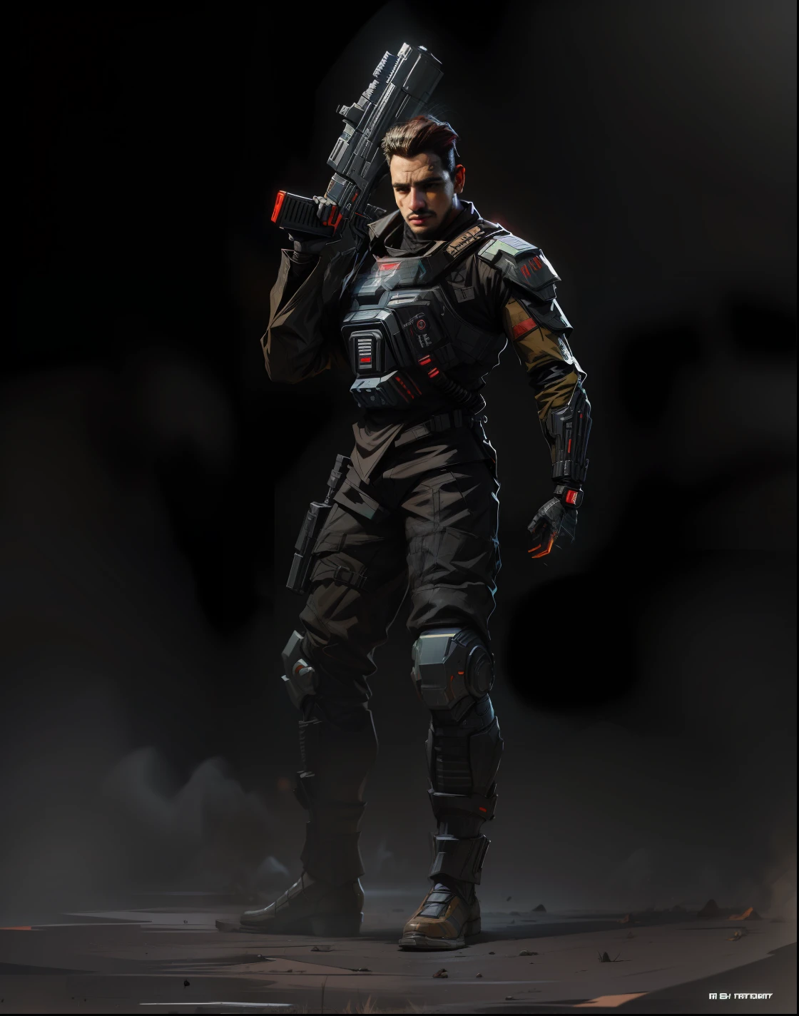 (Bright and lively style)+, (male), (energetic and lively atmosphere), (bright and dynamic colors), (realistic), A man in a black suit holding a shotgun and standing in the dark, red robot arm left side, concept art like ernest khalimov, kane from command & conquer, unreal engine character art, amazing 8k character concept art, epic sci - fi character art, epic sci-fi character art, clothed in sci-fi military armor, cyberpunk soldier, character art the contra