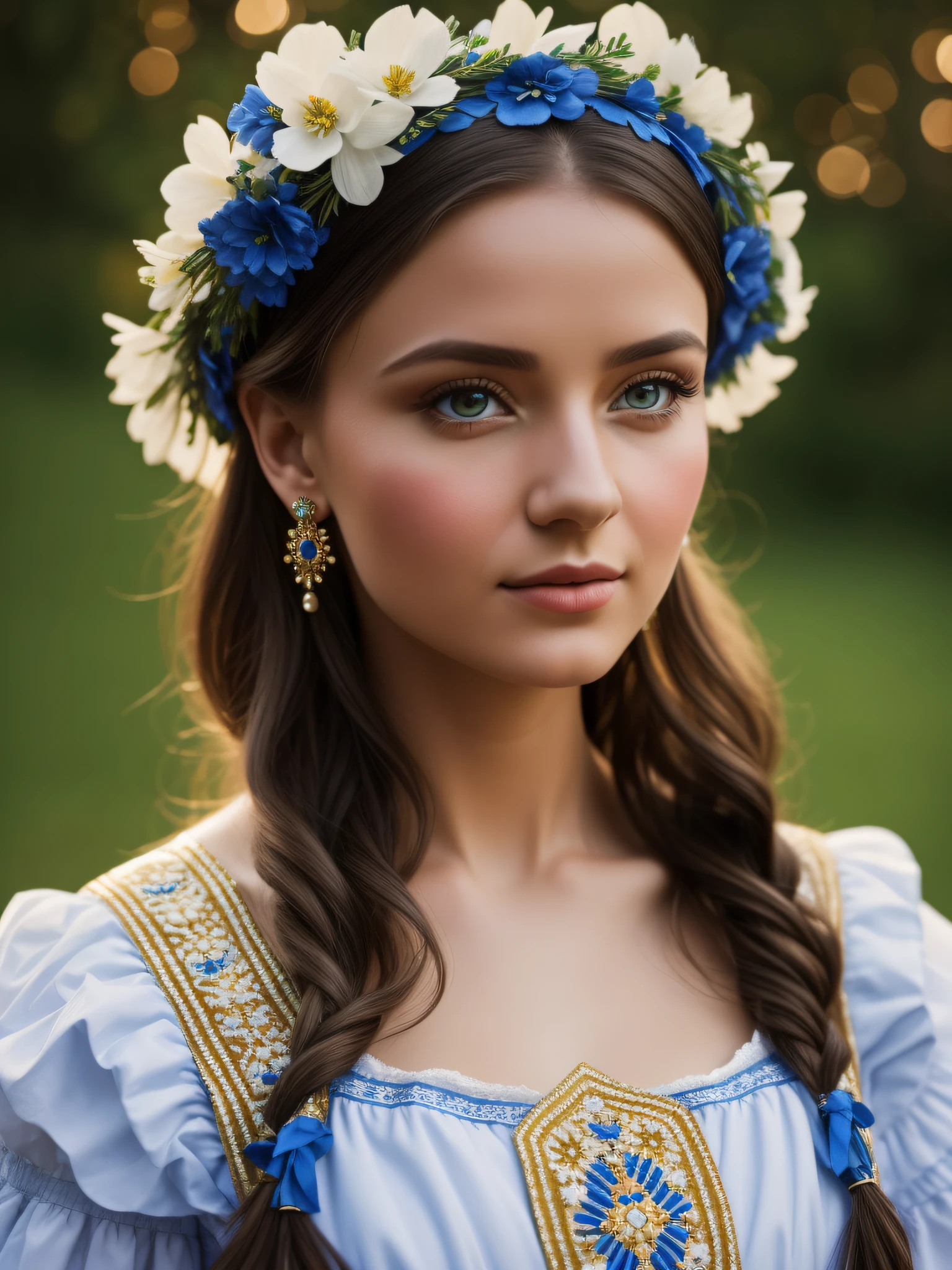 Capture the beauty and cultural heritage of a Ukrainian woman wearing a traditional folk costume. With the Nikon D850 camera and the Nikkor 24-70mm f/2.8E ED VR lens, create a close-up, hyper-realistic portrait of the model. Position the subject in a studio setting with soft, gentle lighting to enhance the delicate features and intricate details of the costume. Pay special attention to the red wreath adorning her head, adorned with blue-white flowers and ribbons that symbolize Ukrainian traditions. Capture the twinkle in her eyes, showcasing her pride and connection to her heritage. Create a bokeh background, adding a picturesque and dreamy atmosphere to the image. With your artistic vision, bring out the true essence of this stunning Ukrainian woman, creating a cinematic portrait that celebrates both her beauty and cultural identity.