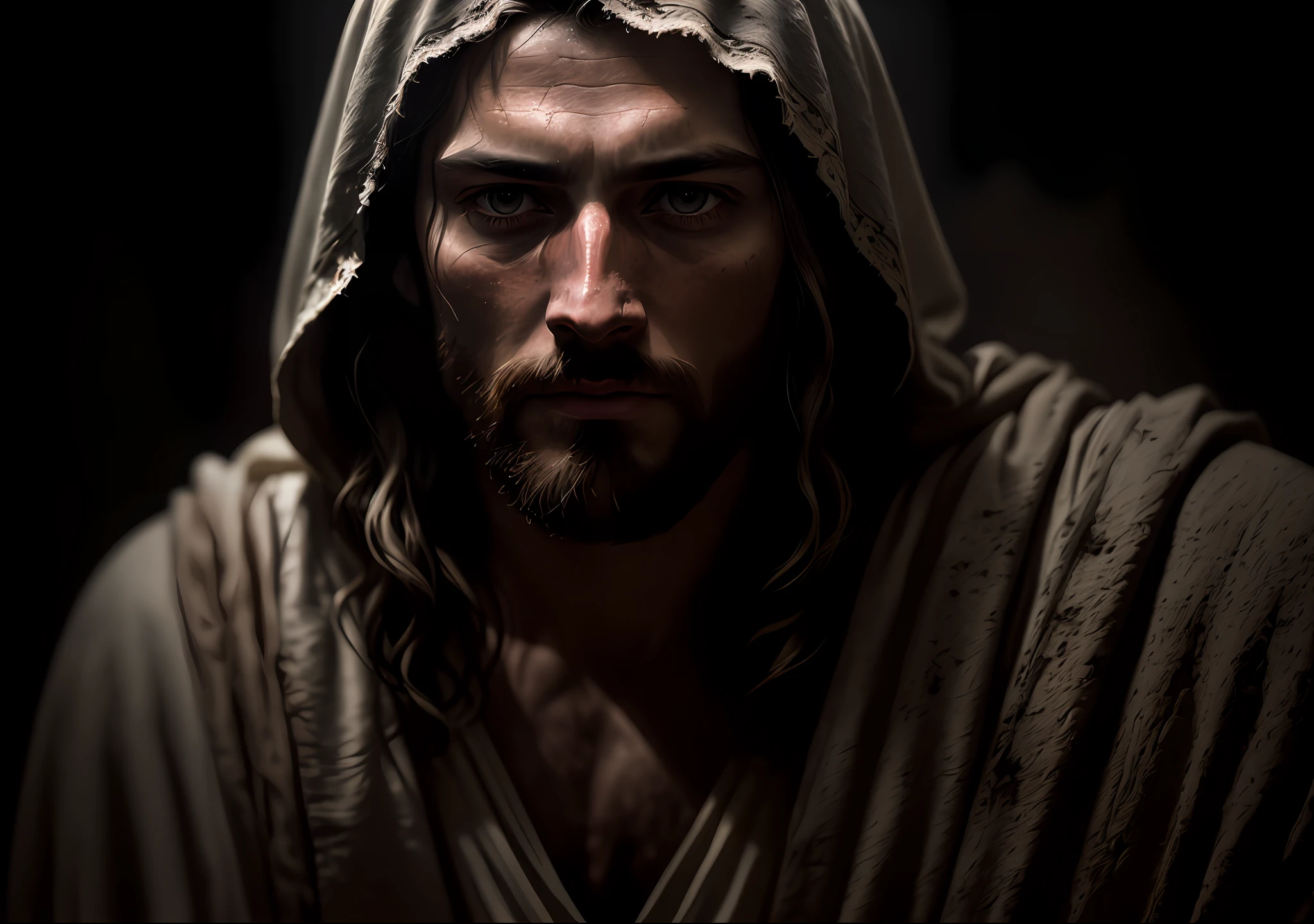 JESUS CHRIST DARK PHOTO: realistic epic, soft cinematic portrait, adobe lightroom, photographic lab, highly detailed, faded, (neutral colors: 1.2), (hdr: 1.4) , (soft colors:1.2), hyperdetailed, (artstation:1.4), cinematic, warm lights, dramatic light, (intricate details:1.1), complex background, (rutkowski:0.66), (blue and orange:0.4)