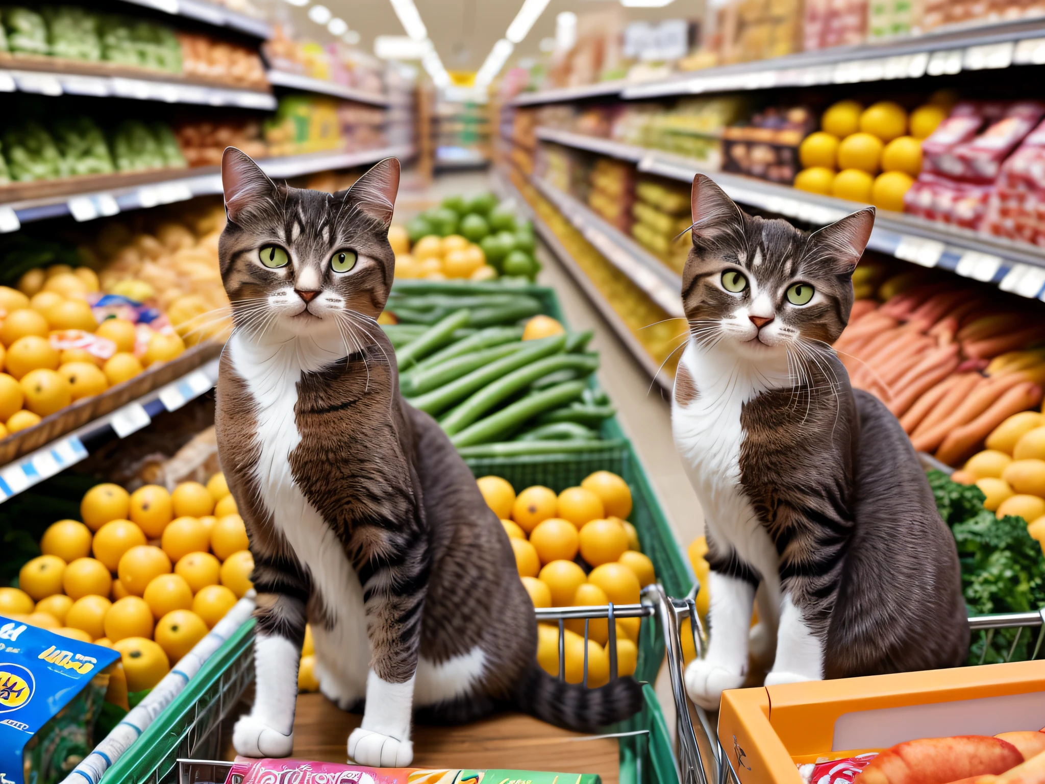Capture the playful and spontaneous moment of a cat taking a selfie in a supermarket using the Nikon D850 and the Nikkor 24-70mm f/2.8E ED VR lens. Position yourself to capture the cat's adorable pose and expression as it reaches out with its paw to snap the photo. Play with different angles and perspectives to emphasize the cat's engagement with the camera. Use natural lighting in the supermarket to create a warm and inviting atmosphere. Pay attention to the colorful aisles and products in the background, adding a touch of whimsy to the image. This photograph showcases the unique and entertaining personality of a cat, capturing a delightful and unexpected moment in the most unexpected of places.