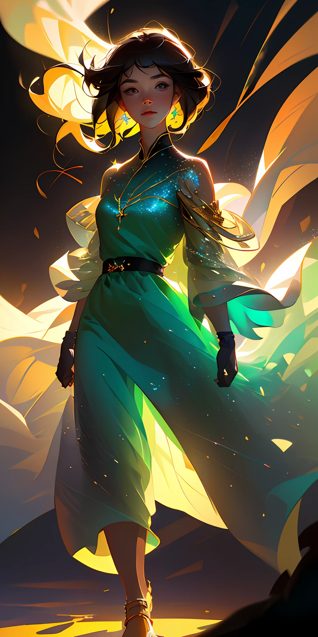 (8k, RAW photo, best quality, masterpiece: 1.2), ((best quality)), ultra high resolution, extremely detailed 8k, physics-based rendering, cinematic lighting, full body, (bokeh: 1.4), ((((1girl))), closed face
Black-haired girl with multicolored shines, surrounded by a golden, heavenly, beautiful, bright aura,