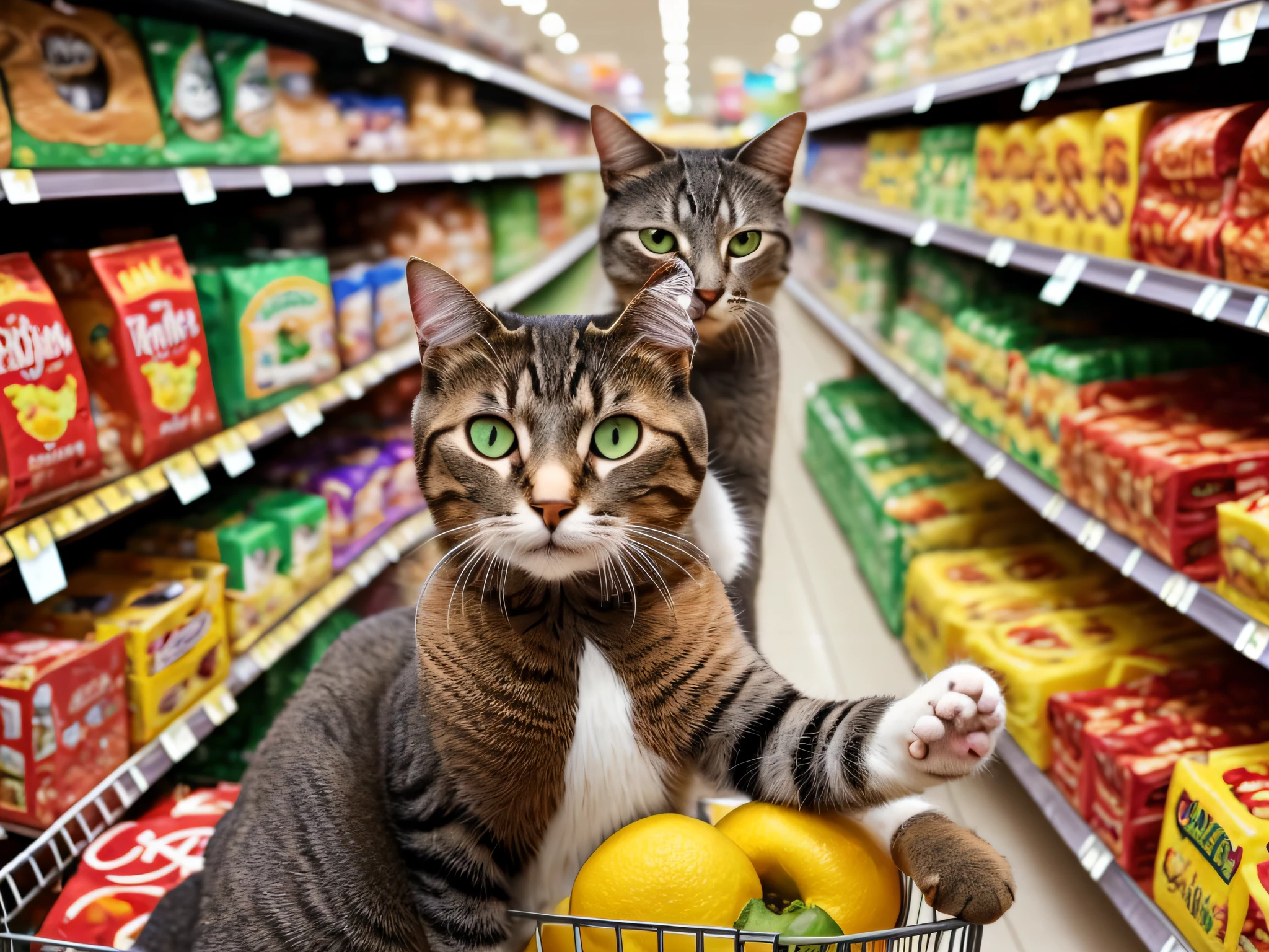 Capture the playful and spontaneous moment of a cat taking a selfie in a supermarket using the Nikon D850 and the Nikkor 24-70mm f/2.8E ED VR lens. Position yourself to capture the cat's adorable pose and expression as it reaches out with its paw to snap the photo. Play with different angles and perspectives to emphasize the cat's engagement with the camera. Use natural lighting in the supermarket to create a warm and inviting atmosphere. Pay attention to the colorful aisles and products in the background, adding a touch of whimsy to the image. This photograph showcases the unique and entertaining personality of a cat, capturing a delightful and unexpected moment in the most unexpected of places.