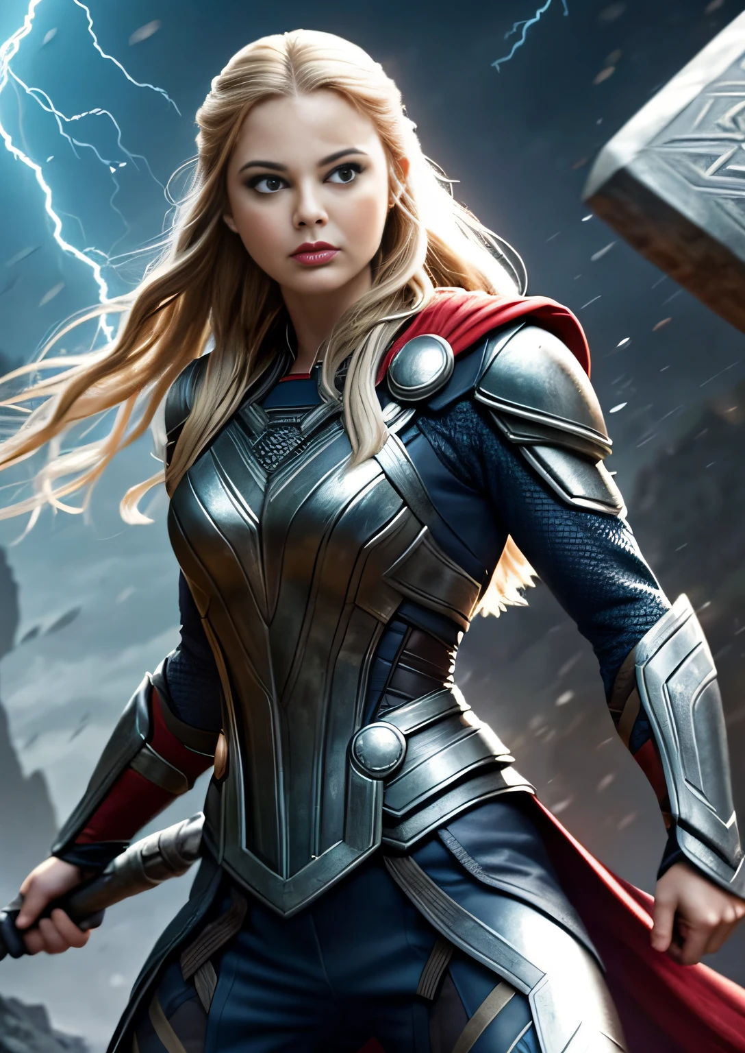 Jane Foster Poderosa Thor, starring in the film Thor Love and Thunder, Mulher ruiva e musculosa, athletic, Poderosa Thor, Mjolnir, filme da marvel, sem texto, Asgard, Ruiva, Longos e volumosos cabelos cacheados