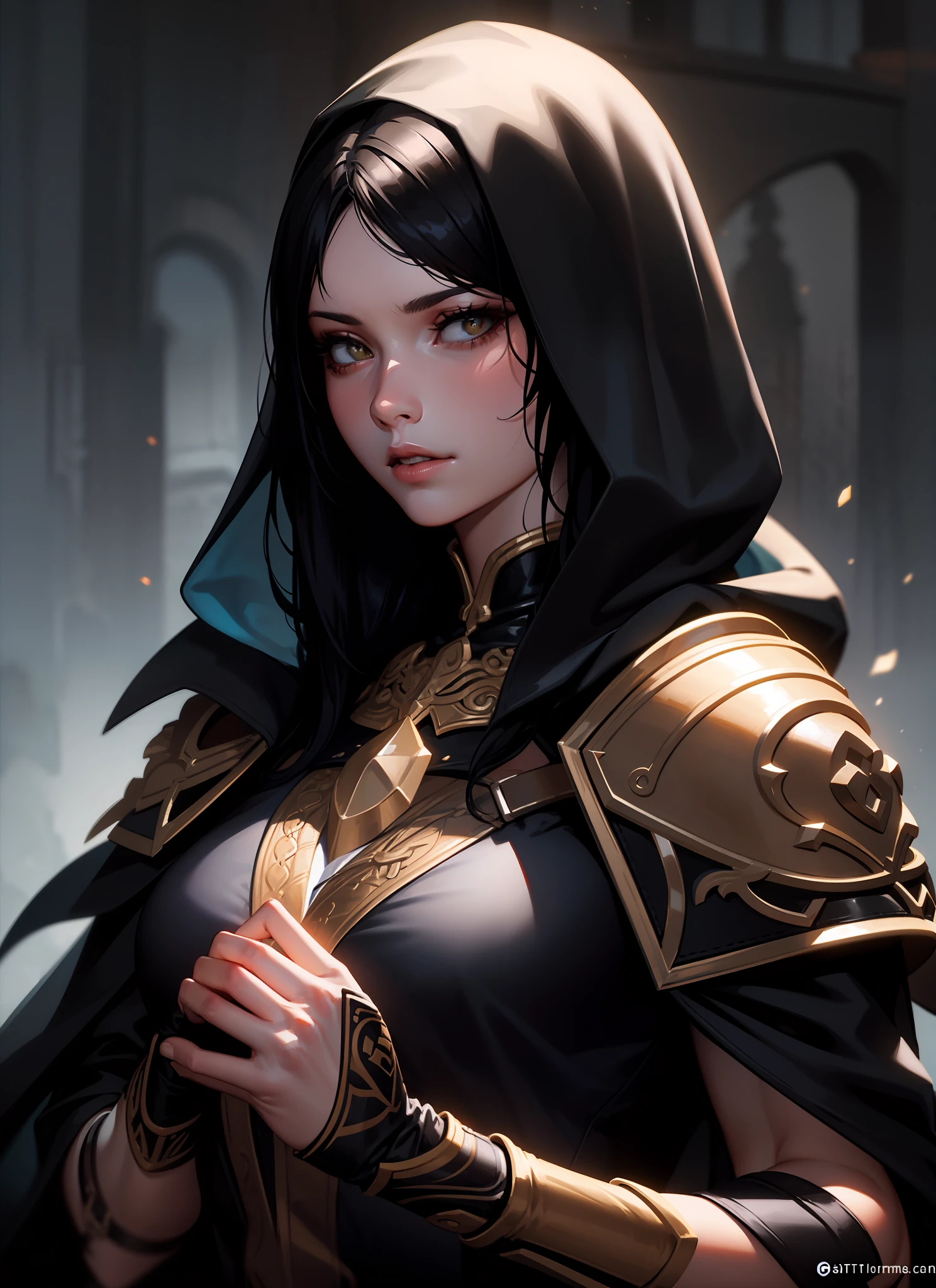 beautiful young woman, black hair, assassin, black cloak, fantasy, intricate, highly detailed, masterpiece, by greg rutkowski:artgerm, leather, ((upper body)), night background