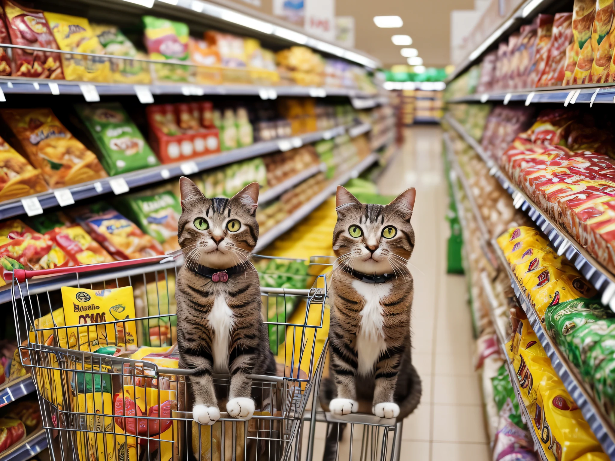 Capture the playful and spontaneous moment of a cat taking a selfie in a supermarket using the Nikon D850 and the Nikkor 24-70mm f/2.8E ED VR lens. Position yourself to capture the cat's adorable pose and expression as it reaches out with its paw to snap the photo. Play with different angles and perspectives to emphasize the cat's engagement with the camera. Use natural lighting in the supermarket to create a warm and inviting atmosphere. Pay attention to the colorful aisles and products in the background, adding a touch of whimsy to the image. This photograph showcases the unique and entertaining personality of a cat, capturing a delightful and unexpected moment in the most unexpected of places.