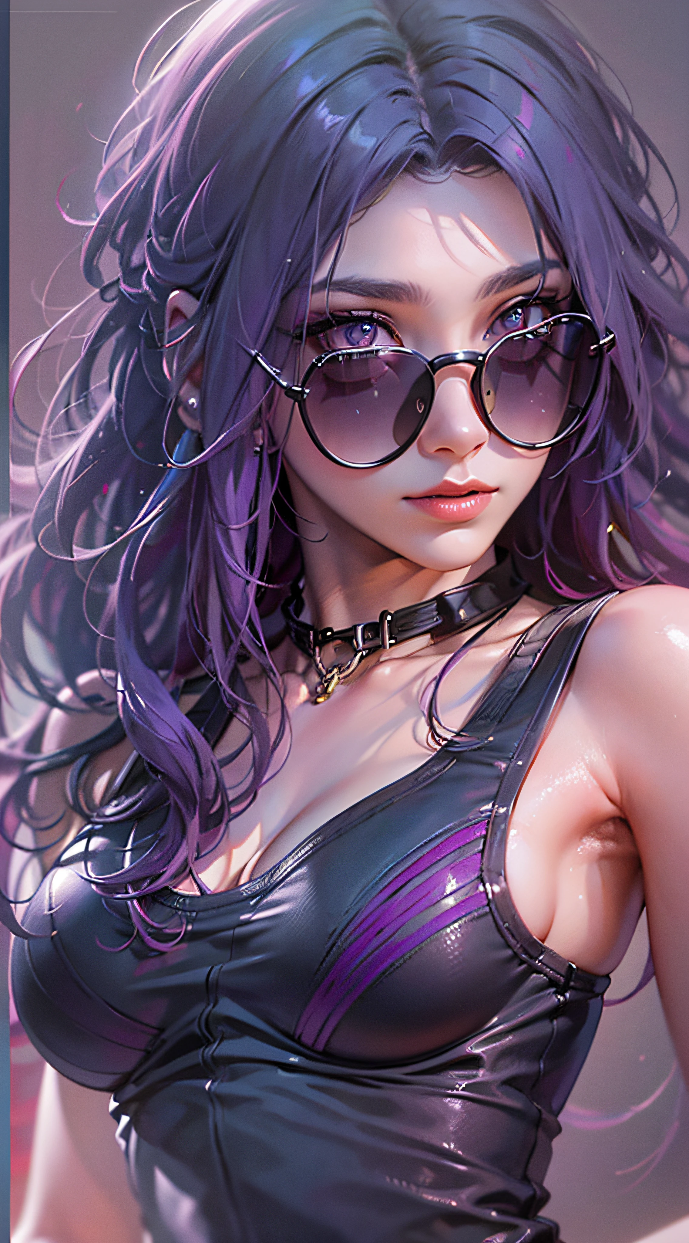detailed woman face looking at camera, pruple eyes, eyewear on head, high detailed skin